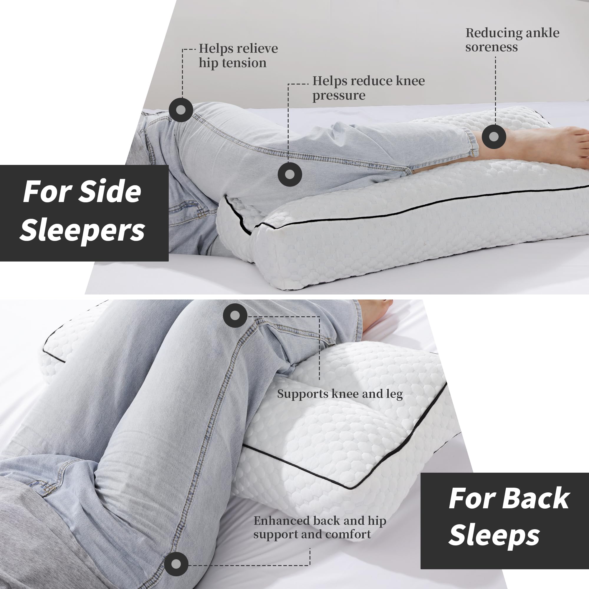 BALAPET Almohada de rodilla de espuma viscoelástica triturada para dormir de lado, almohada entre piernas para alinear la columna vertebral, almohada de apoyo para las piernas para el embarazo, alivia