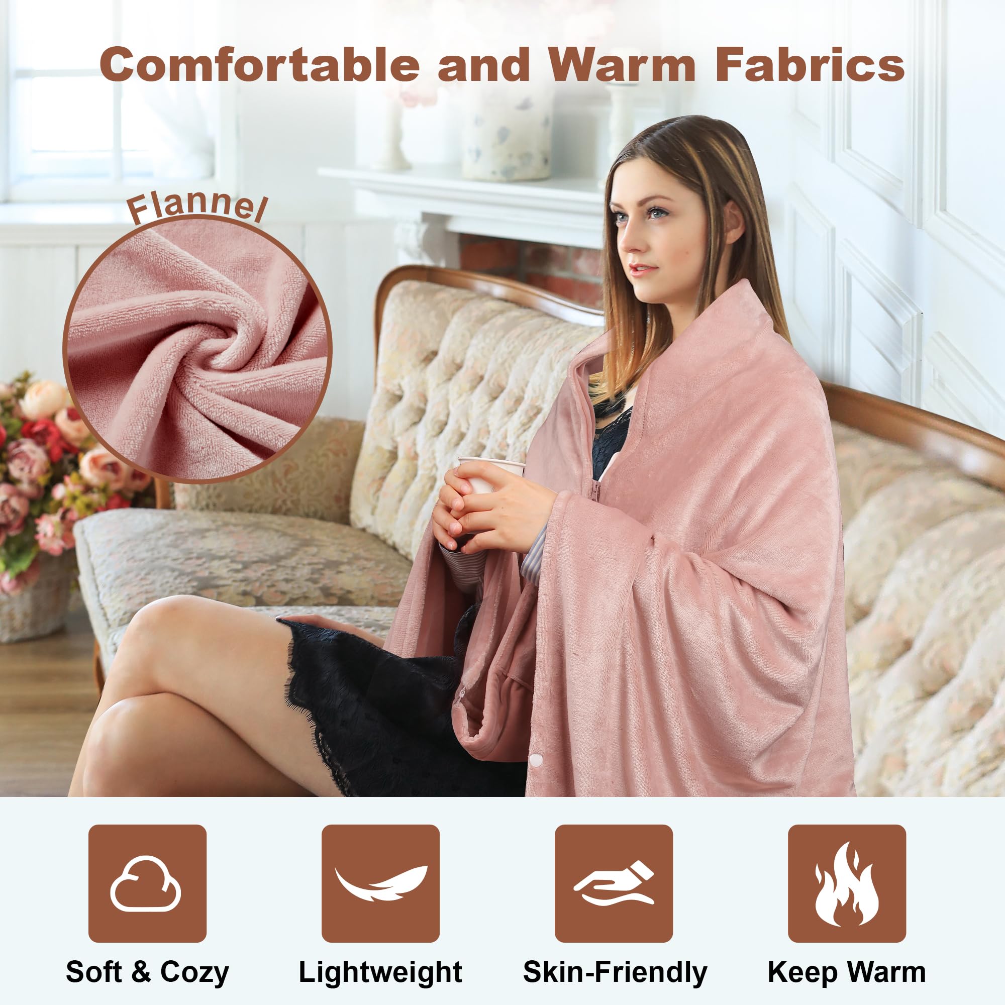 Coperta Riscaldante Elettrica Senza Fili 160x90 cm, con Batteria 10000 mAh, 6 Zone di Riscaldamento, 3 Livelli di Temperatura, Plaid Termico USB per Casa, Ufficio, Auto, Campeggio(Rosa)