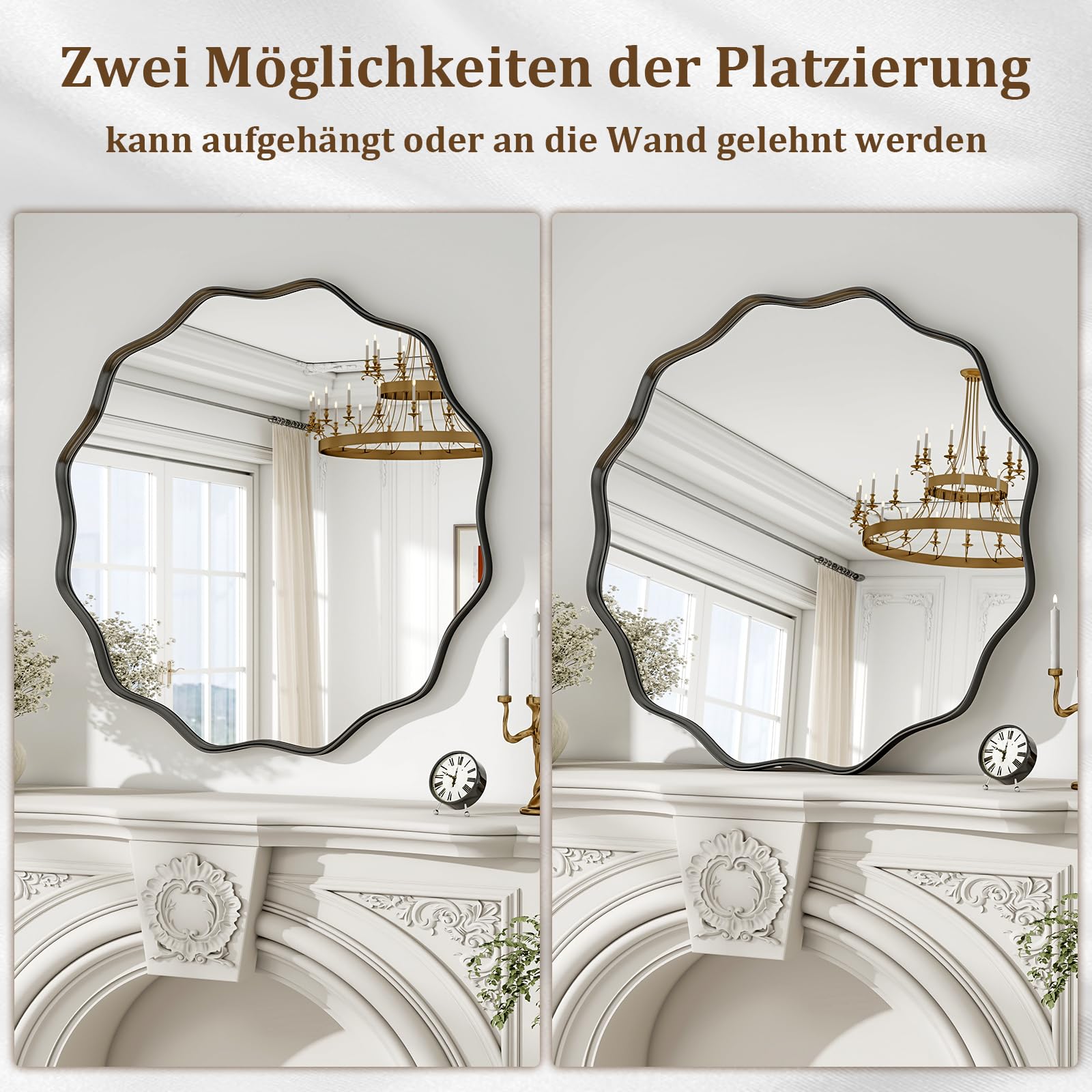 BEAUTYPEAK Runder Spiegel 76 cm, Wandspiegel mit Gewellter Kante, Aluminiumrahmen, Spiegel Rund zum Aufhängen und Anlehnen, Rund Wandspiegel für Schlafzimmer, Badezimmer, Flur Schwarz