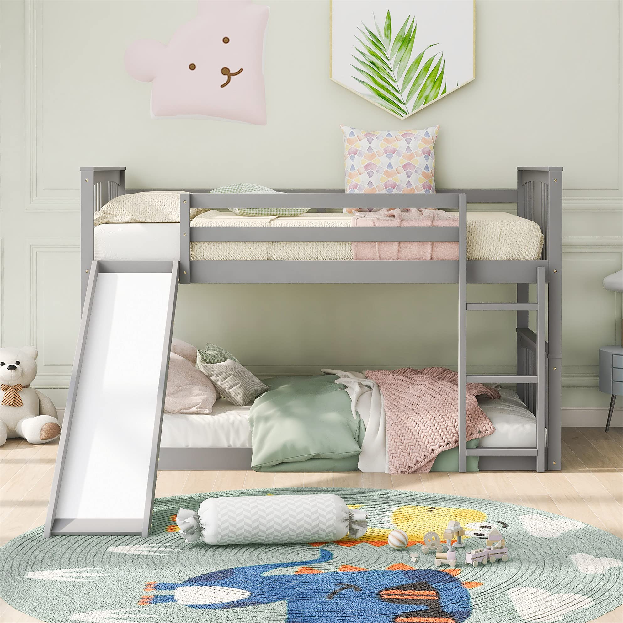Bellemave Floor Bunk Bed with Slide, Twin Over Twin Wooden Low Bunk Bed with Slide and Ladder, for Boys Girls (Grey)