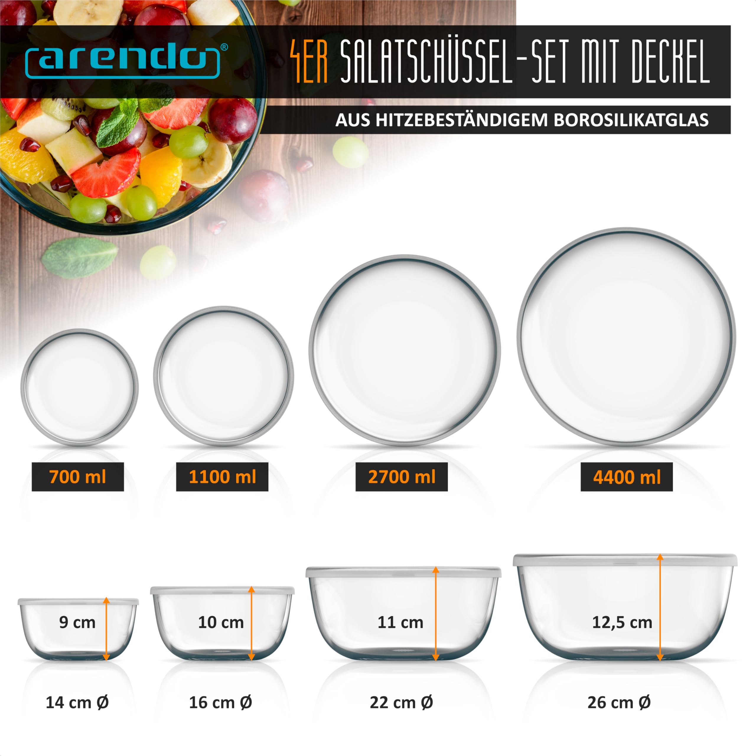 Arendo - Salatschüssel aus Glas mit Deckel - Glasschüssel 4er Set - 700ml + 1100ml + 2700ml + 4400ml – Rührschüsseln klein bis groß – Borosilikatglas - Glasschale Salatglasschale