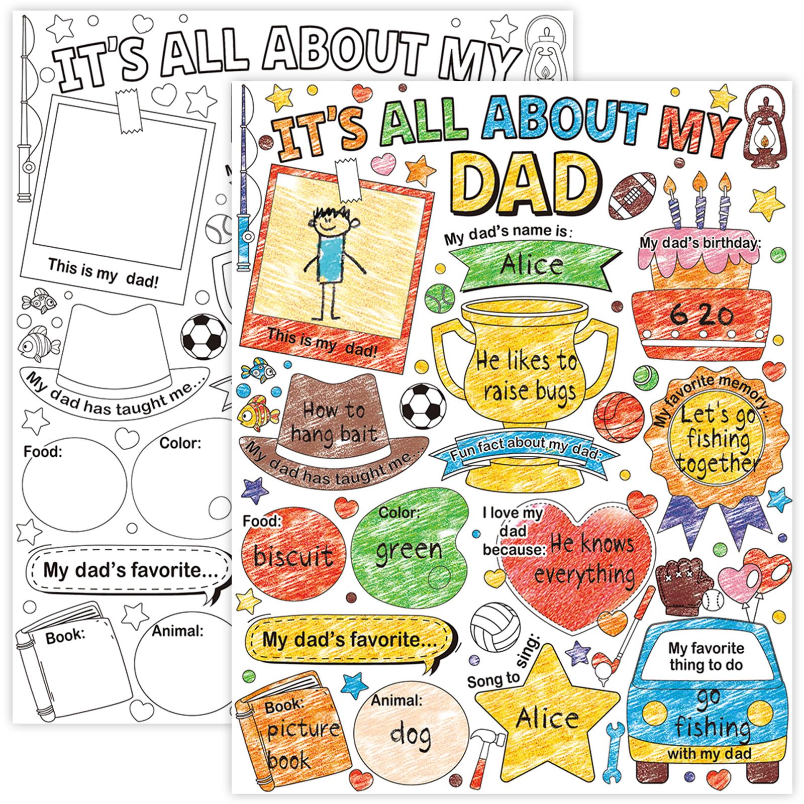 CHUNNIN 40Pcs Father’s Day Coloring Poster Color Your Own All About Dad Poster Bulk Father's Day Arts Craft Gifts for Kids and Fun Home Activities