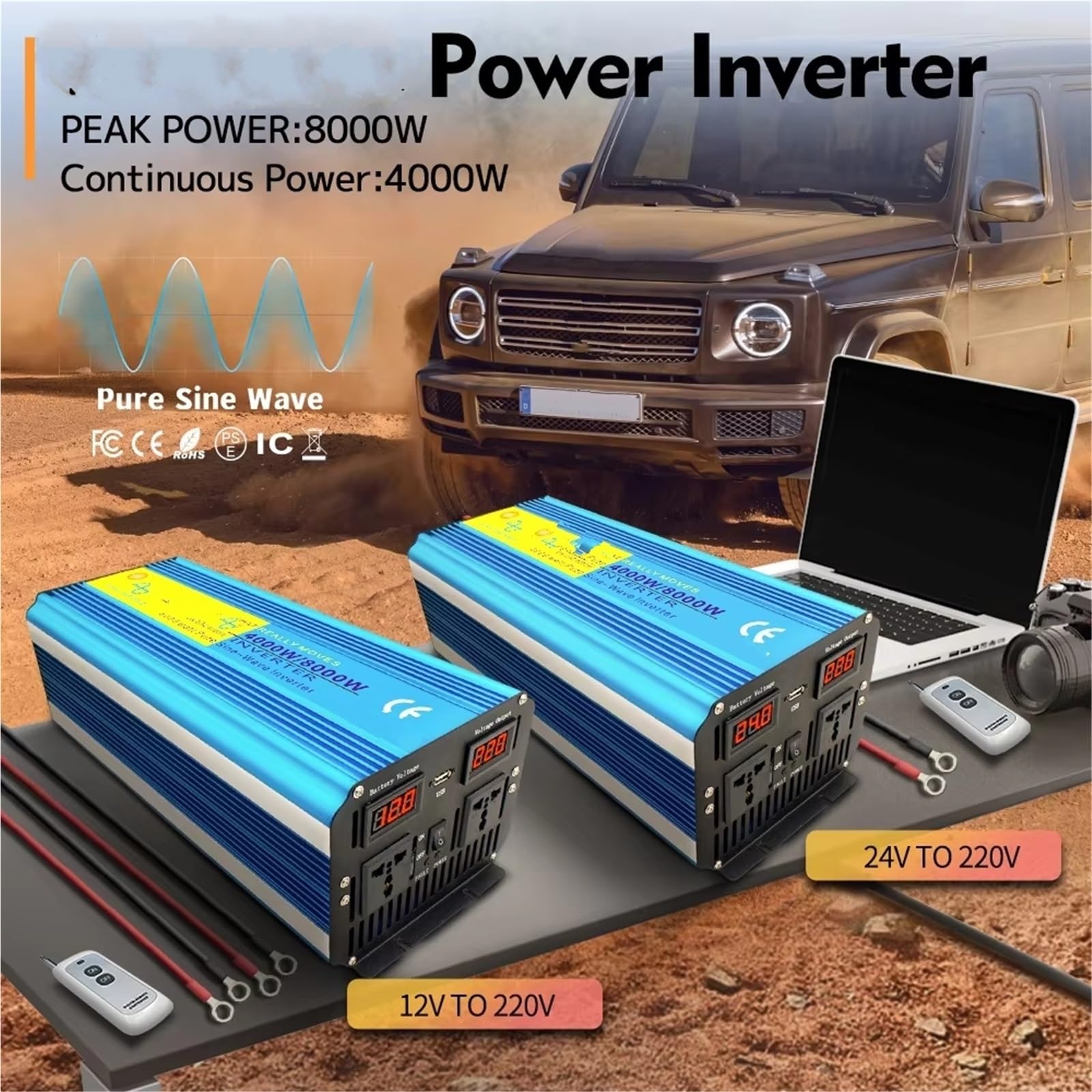 Inversor Inversor De Potencia Solar De Onda Sinusoidal Pura De 24V A 220V Convertidor Potente 60 Hz para Caravanas Y Camping Al Aire Libre(1000W Peak)