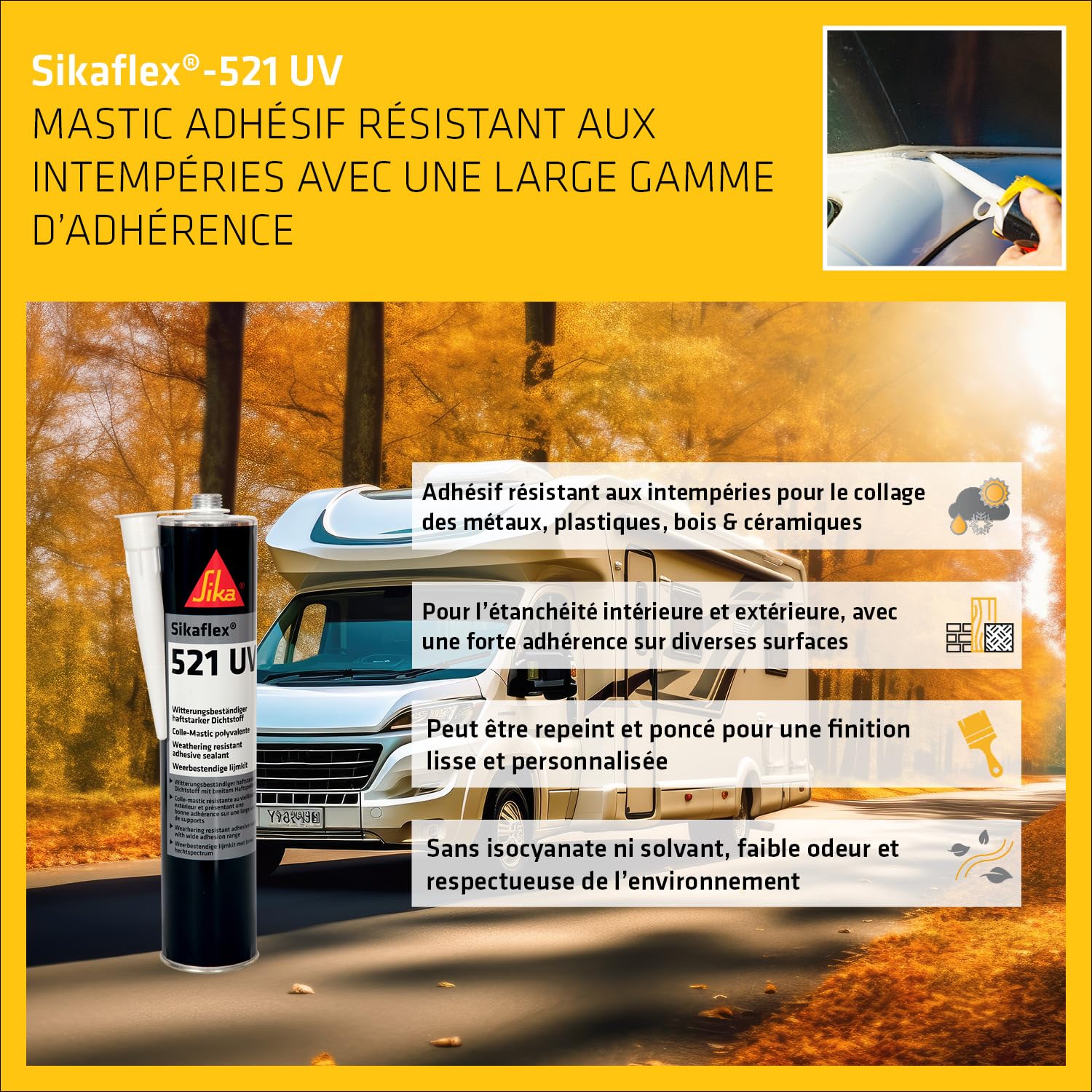 SIKA - Mastic-colle multi-usage - Sikaflex 521 UV - Gris - Carton 12x300ml | Joints d'étanchéité camping-car/caravane/mobil-home - Adhérence élevée - Résistant aux UV - Sans solvant