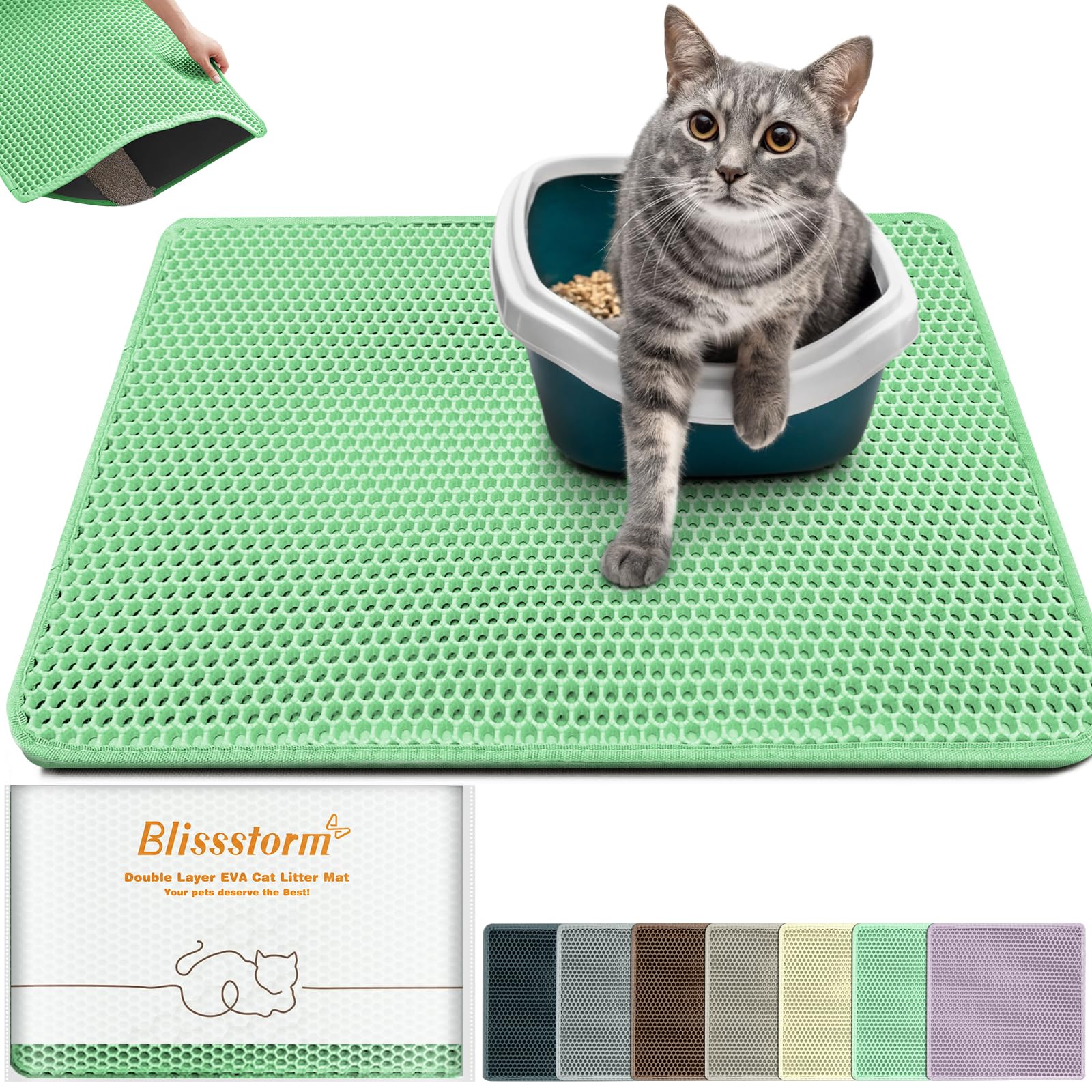 blissstorm Waterproof Cat Litter Mat - New 24x16 Inch Honeycomb Double Layer Traps Litter, Waterproof & Non-Slip Floor Protector, Easy Clean, Odor-Free, Green
