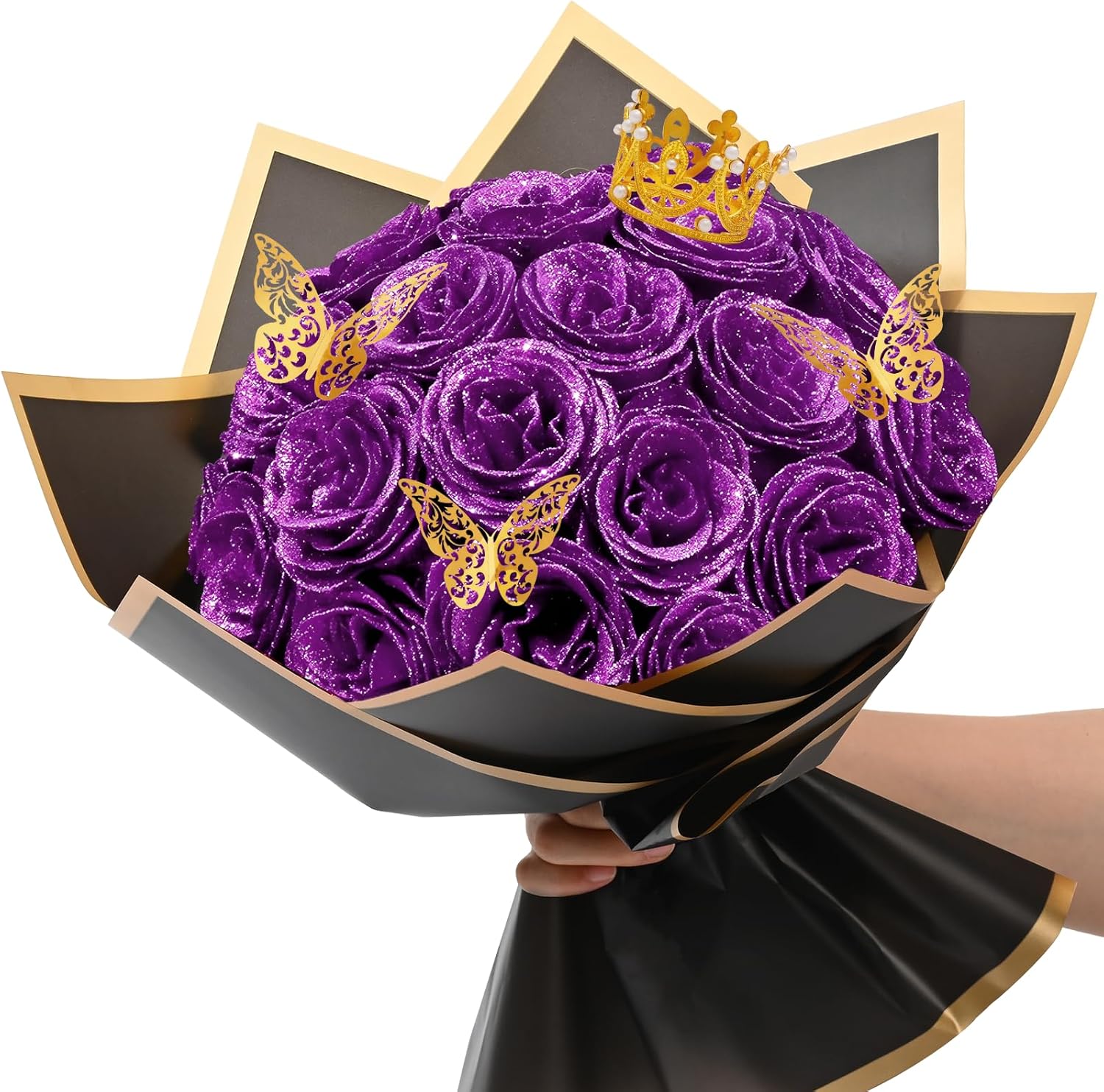 Waipfaru 24 Pcs Glitter Roses Bouquet, DIY Fake Flowers Bouquet, Artificial Purple Rose Bouquet for Valentines, Mothers Day Gifts, Anniversary, Engagement, Wedding Purple 24pcs