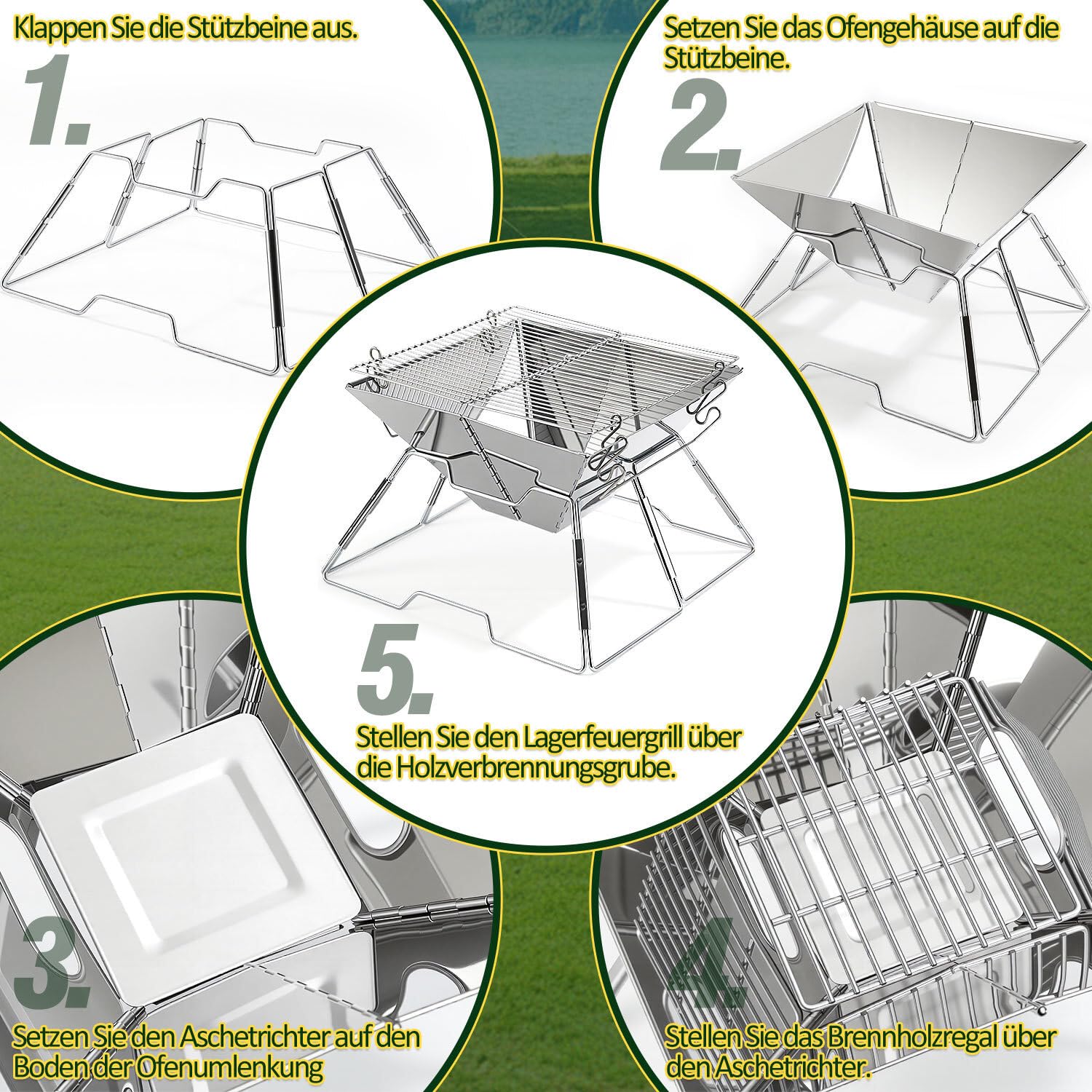 Faltbarer Grill aus 304 Edelstahl, Klappgrill mit Höhenverstellbarem Grillrost, Camping Grill kompakt & schnell aufgebaut, BBQ Grill für Garten, Balkon, Picknick und Outdoor mit Tragetasche