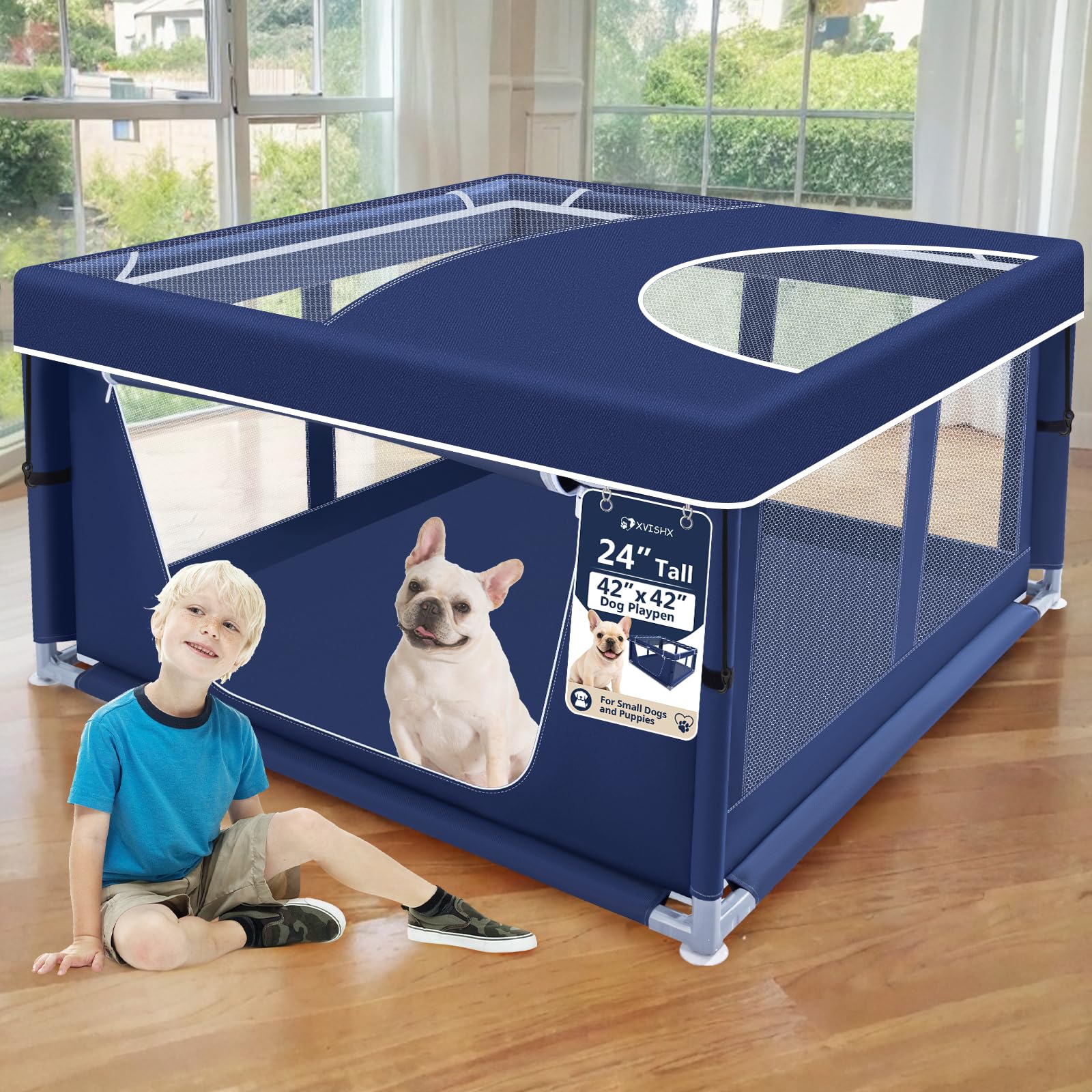 Photo 1 of XVISHX 42x42 Inch Puppy Playpen with Cover, Dog Playpen for Puppies or Small Dogs, Pet Fence for Indoor & Outdoor, Sturdy Safety DogPen with Thickened Fabric, High-Strength Nylon Wire Mesh, Blue