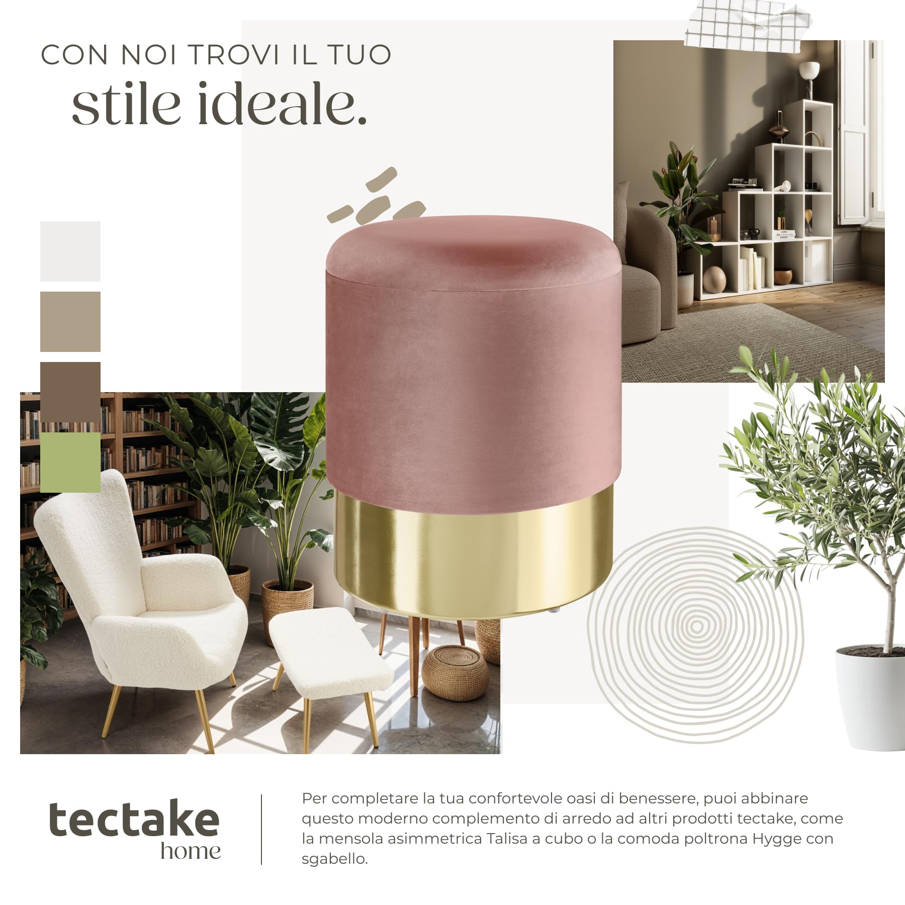 tectake® Sgabello Rotondo in Velluto, Con Scomparto Nascosto, Base in Acciaio Oro, Capacità di Carico 300 kg, Comfort Elevato, Design Elegante per Casa e Ufficio - Rosa