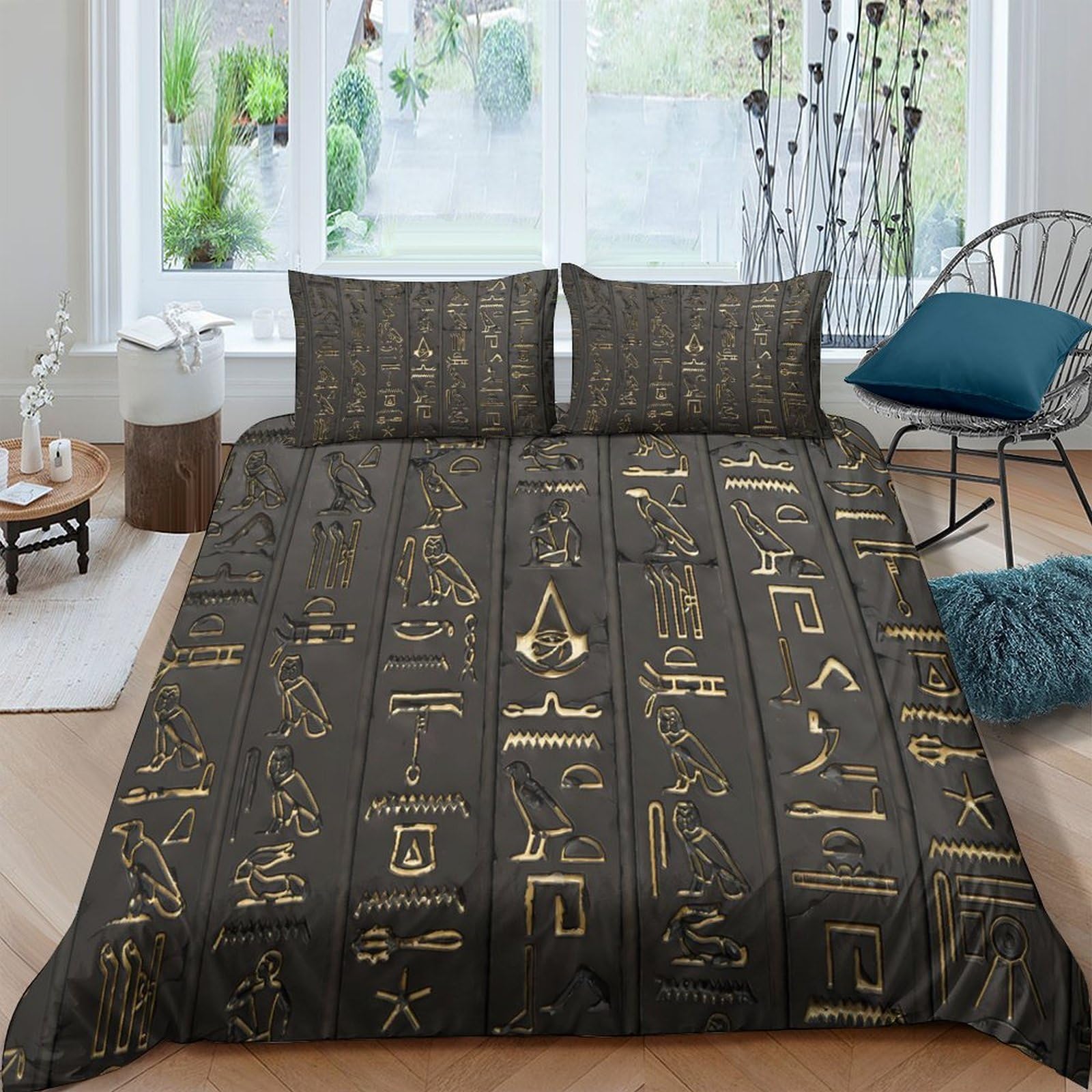 Ctjqhvkz Style-4 3D Printed Egyptian Hieroglyphs Fitted Sheet Microfiber Black Gold Ancient Symbols Mattress Cover Bedroom Decor Single（135X200cm）