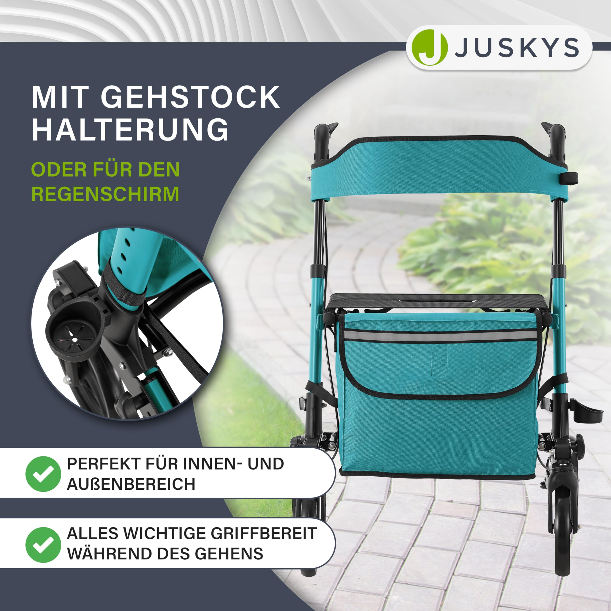 Juskys Rollator Vital petrol - Gehhilfe faltbar & leicht aus Aluminium bis 130 kg - Laufhilfe höhenverstellbar mit Sitz, Tasche & Regenschirmhalterung