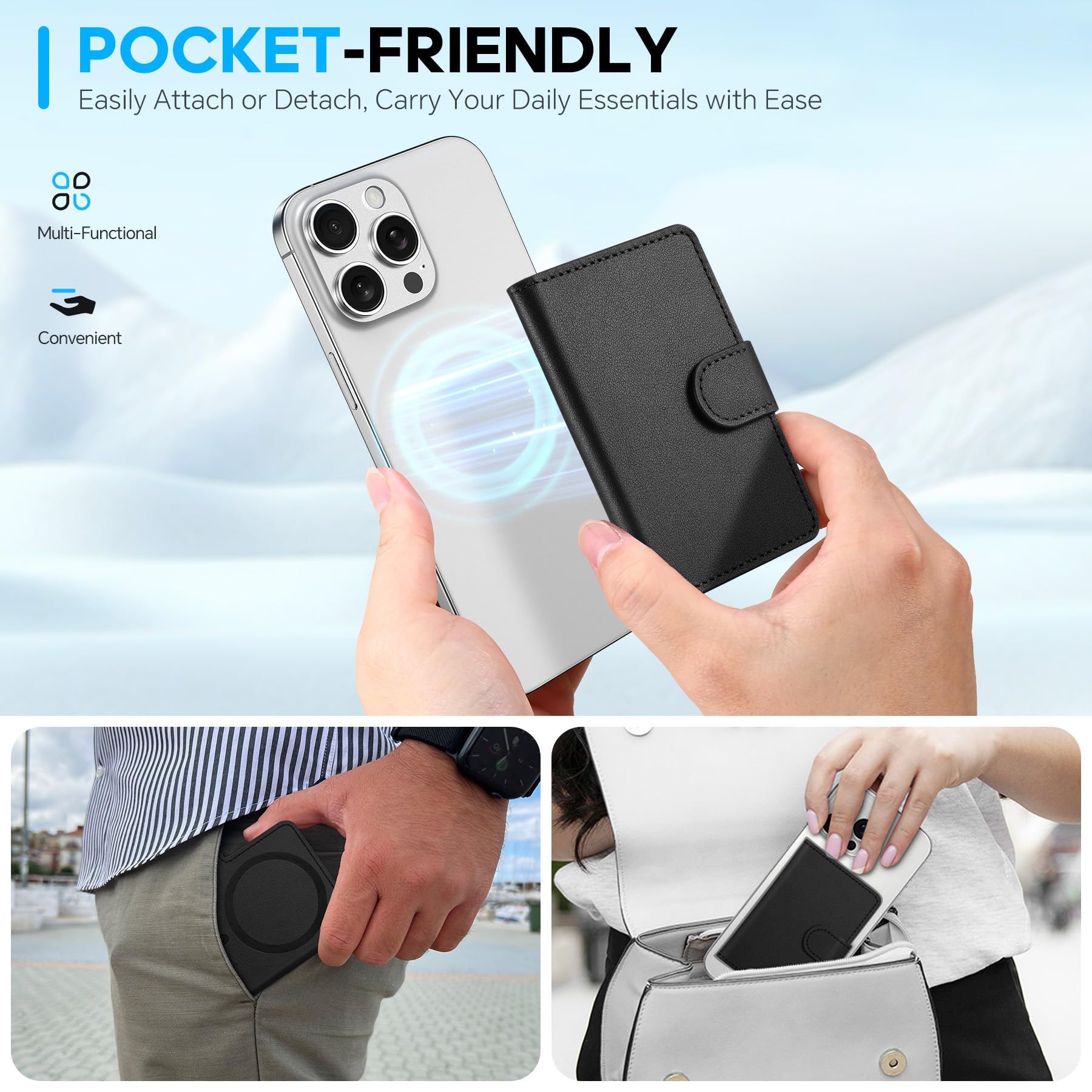 SHIELDON Porta Carte Adesivo Portafoglio Magnetico in Vera Pelle [Blocco RFID] [Slot per Carte] Porta-Carte Adesivi, Portafoglio Leather Phone Wallet per iPhone 16/15/14/13/12 – Nera