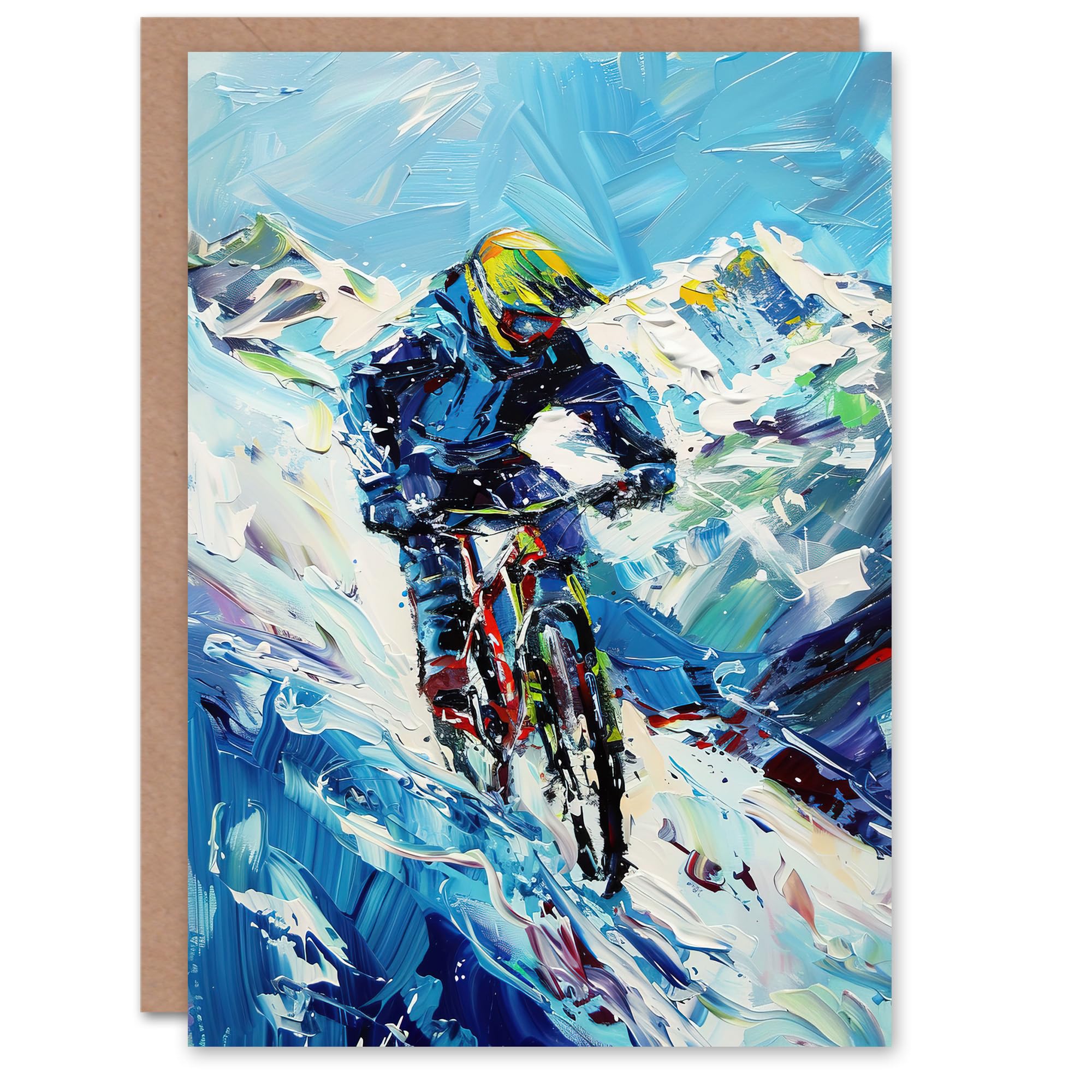 Artery8 Greeting Card Snow Mountain Biker Snowbike Race Sport Painting For Him Man Birthday Card