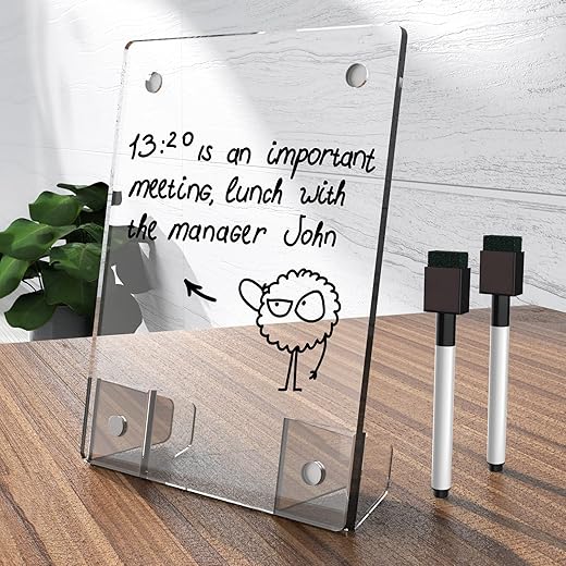 NiOffice Clear Acrylic White Board 8x6 Inches, Frameless Desktop Dry Erase Board with Flexible Magnetic Stand and Markers, Mini Whiteboard Desk Accessories for Women, Home, Office, School