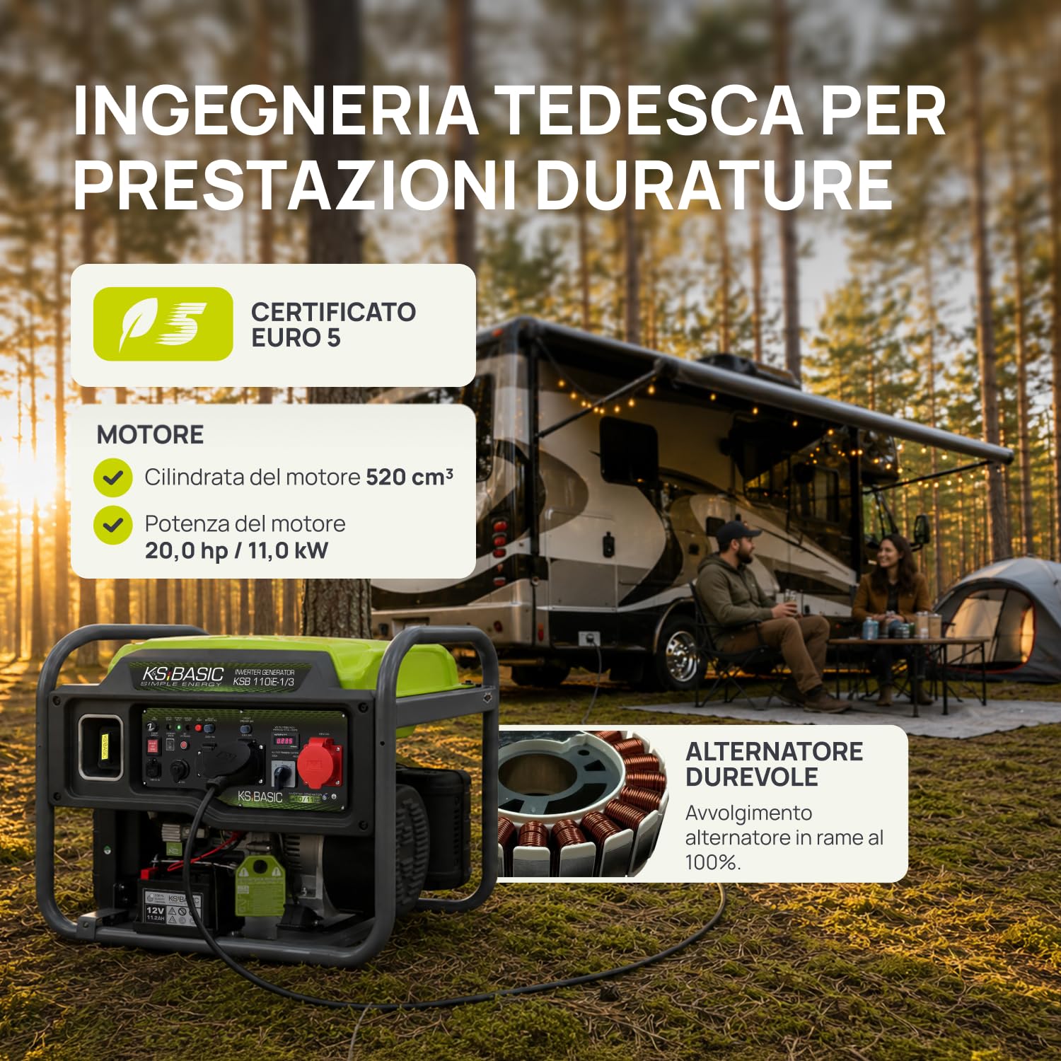 K&S BASIC Generatore inverter 110iE-1/3 11 kW max VTS, generatore di corrente benzina | Generatore di emergenza inverter per casa, campeggio e lavori in officina