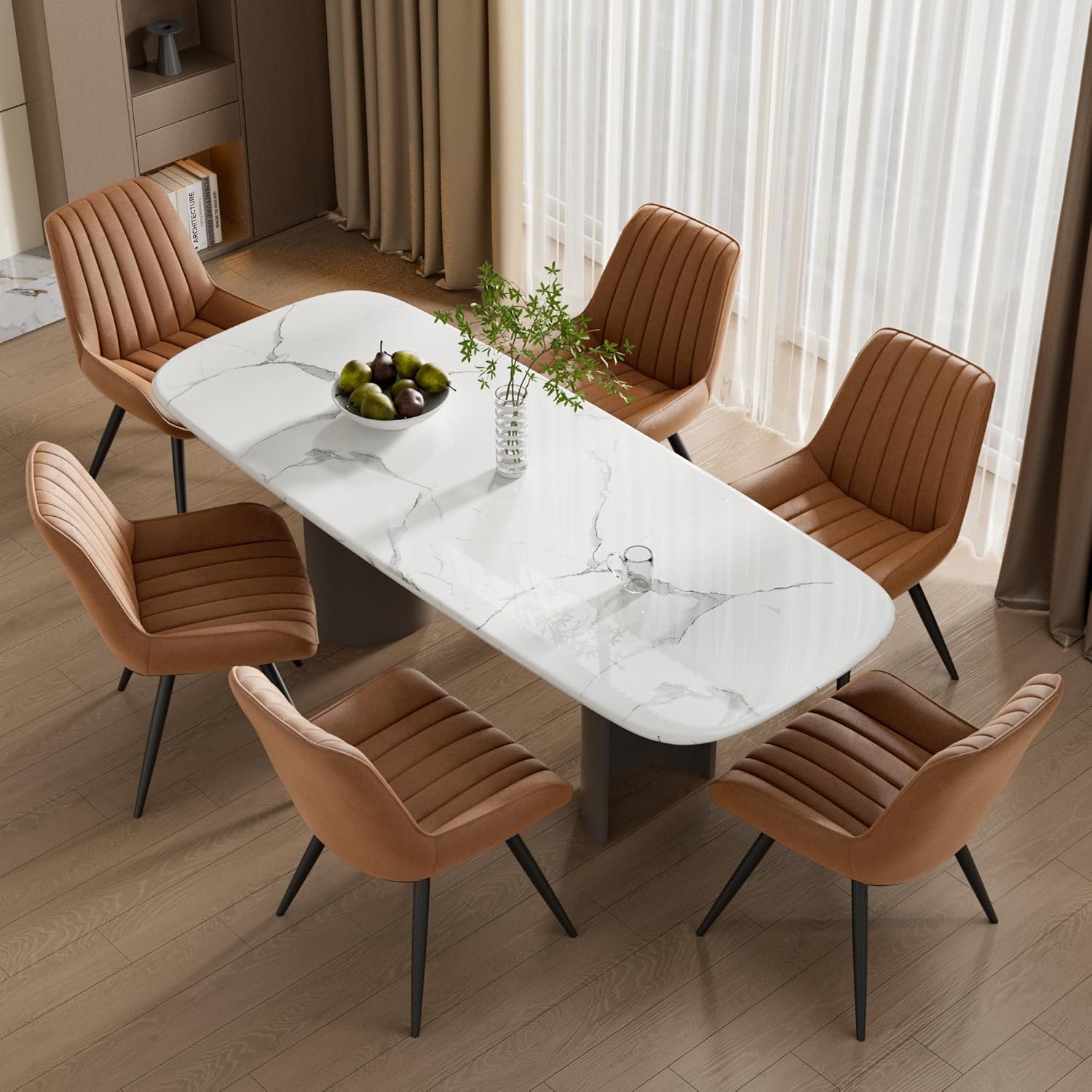 Mid Century Modern Dining Chairs Set of 6, Soft Cushion Upholstered Fabric Kitchen Chairs, Brown