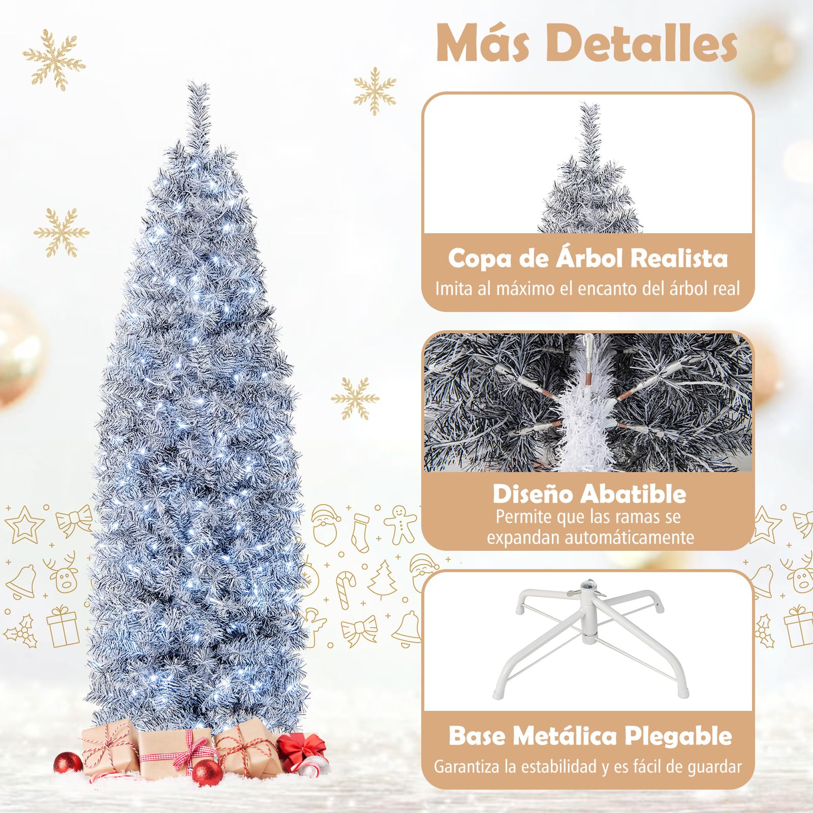 COSTWAY Árbol de Navidad Blanco y Negro 180cm, Arbol de Navidad Slim/Estrecho con Luces Incorporadas, 250 Luces Blancas Frías, 475 Ramas de PVC y Pet, Arvore de Natal Soporte de Metal Casa/Oficina