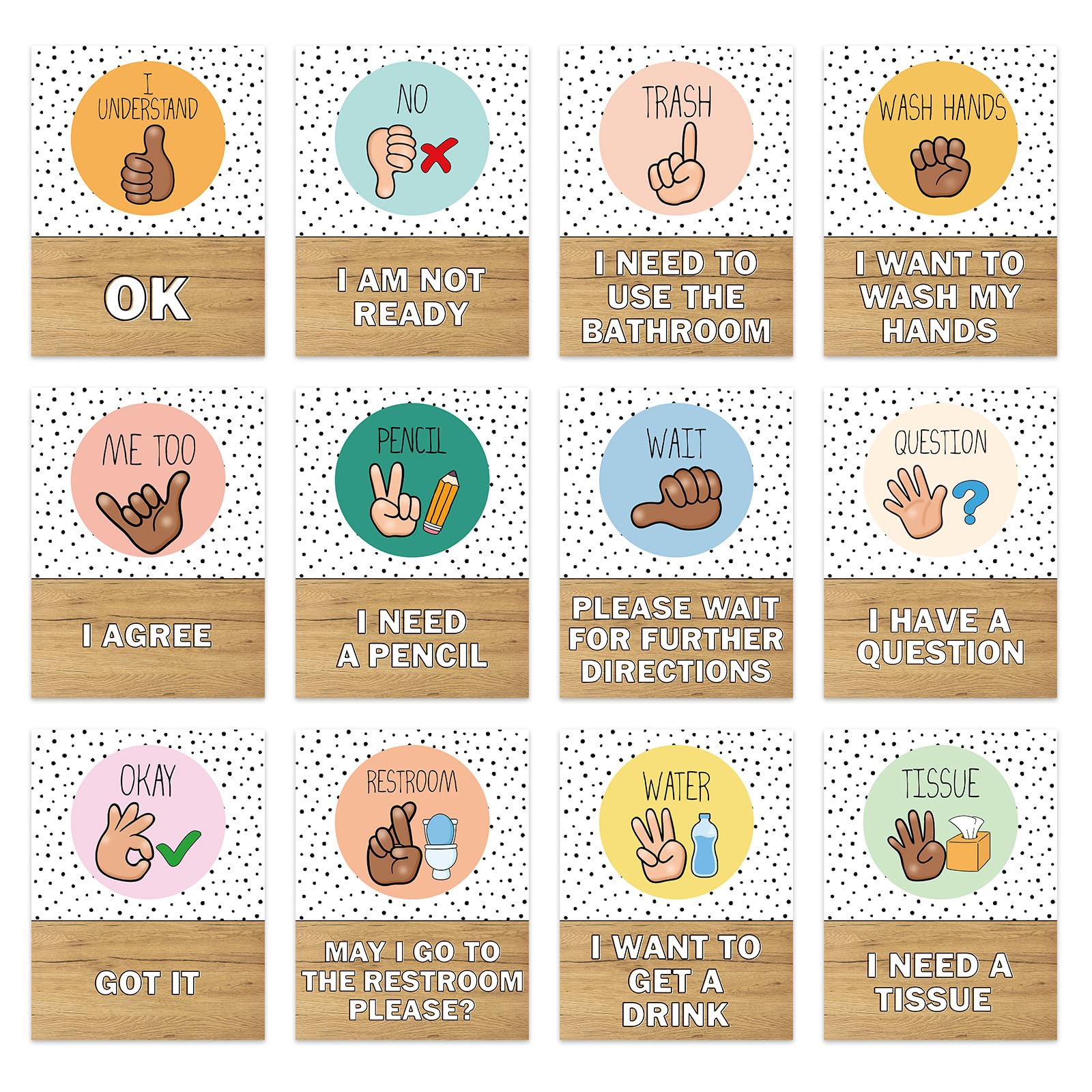 JarThenaAMCS 12Pcs Boho Color Classroom Hand Signals Posters Black Dot Pastel Teachers Sign Language Cutout for Classroom Learning Bulletin Board Decor