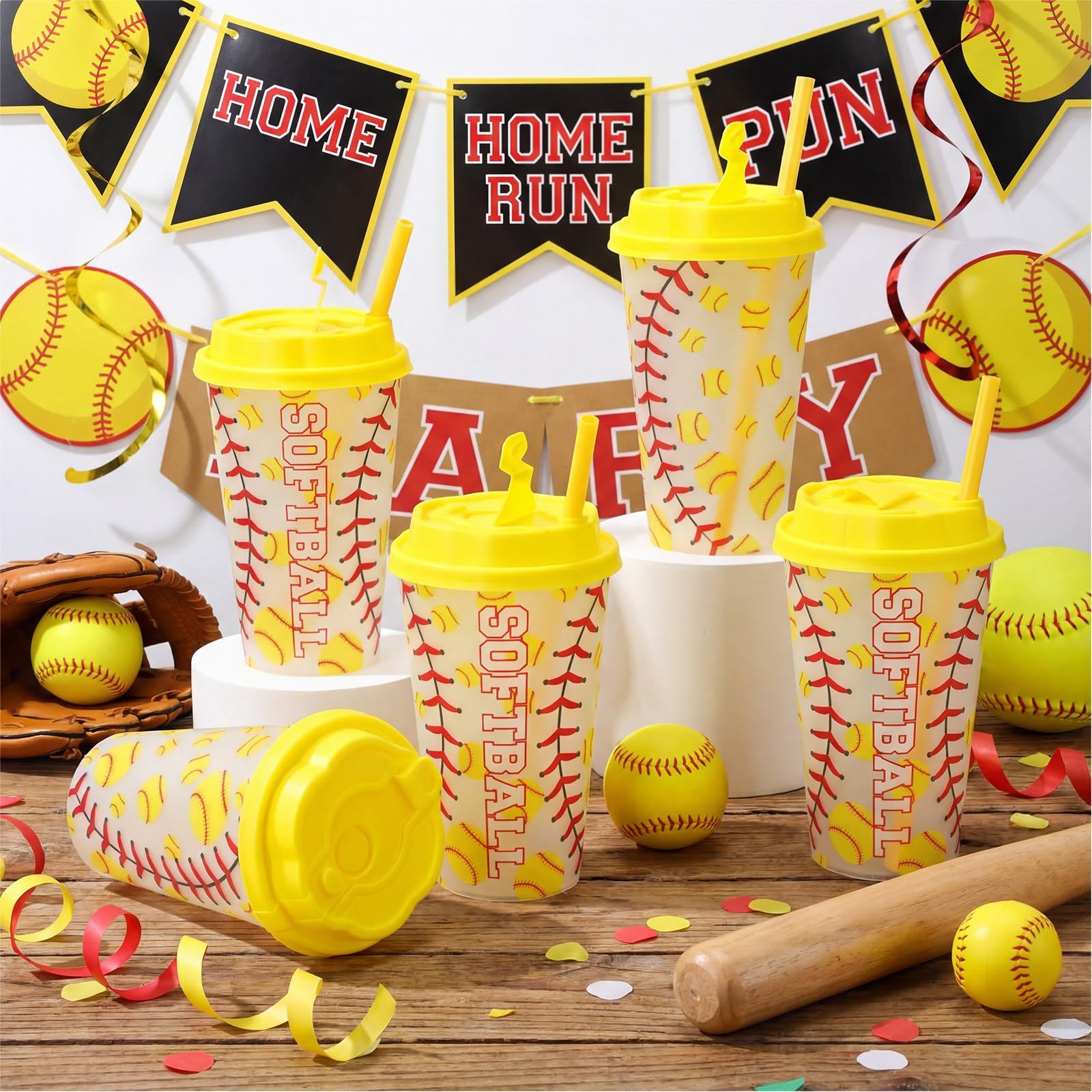 Softball Gifts for Team Includes 25 Pcs Softball Cups with Lids and Straws, Softball Party Favors Supplies 16oz Plastic Party Cups for Softball Party Decorations Birthday Team Gathering