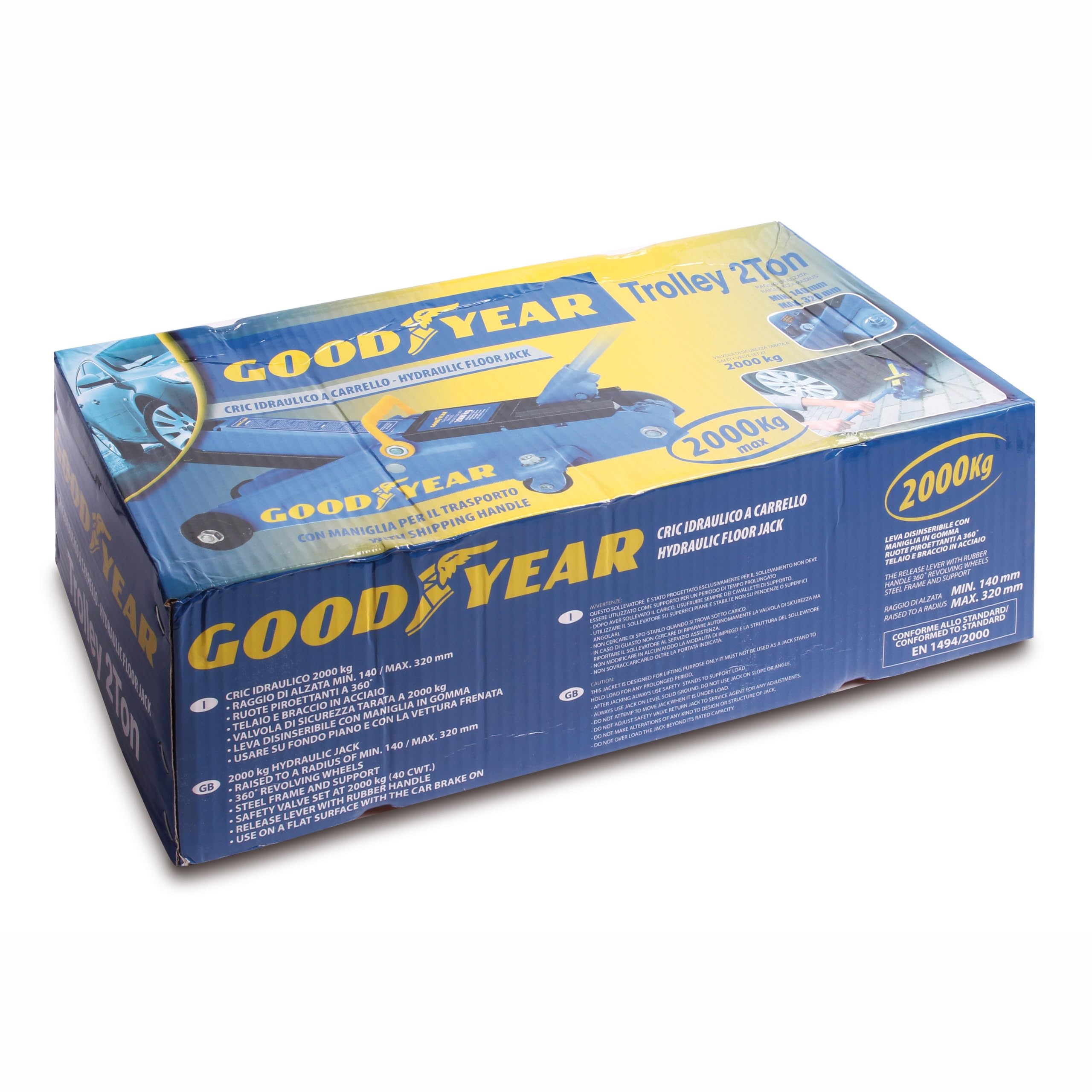 Goodyear 77468 Cric Idraulico Trolley 2 Ton, con Carrello e Ruote Piroettanti 360°, Telaio e Braccio in Acciaio, Leva Disinseribile con Maniglia in Gomma