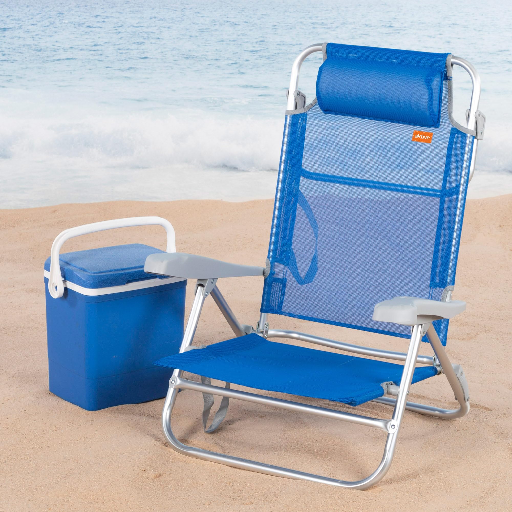 AKTIVE Pack 2 sillas Playa Plegables, Respaldo 8 Posiciones, Convertibles en Tumbona, 47x49x82 cm, De Aluminio y textileno, con cojín Acolchado y Asas de Mano, Máx. 110 kg, Azul (85443)