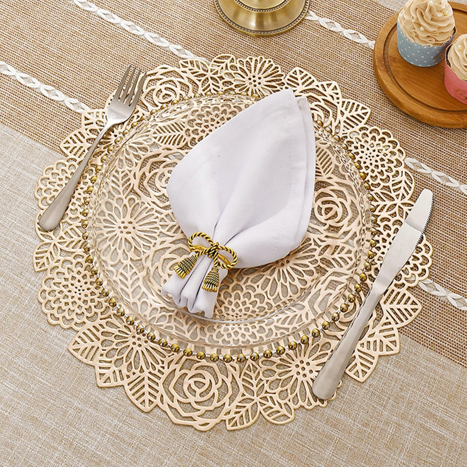 Set de table rond PVC doré KnSam (lot de 10) - Napperons lavables ajourés de 38 cm