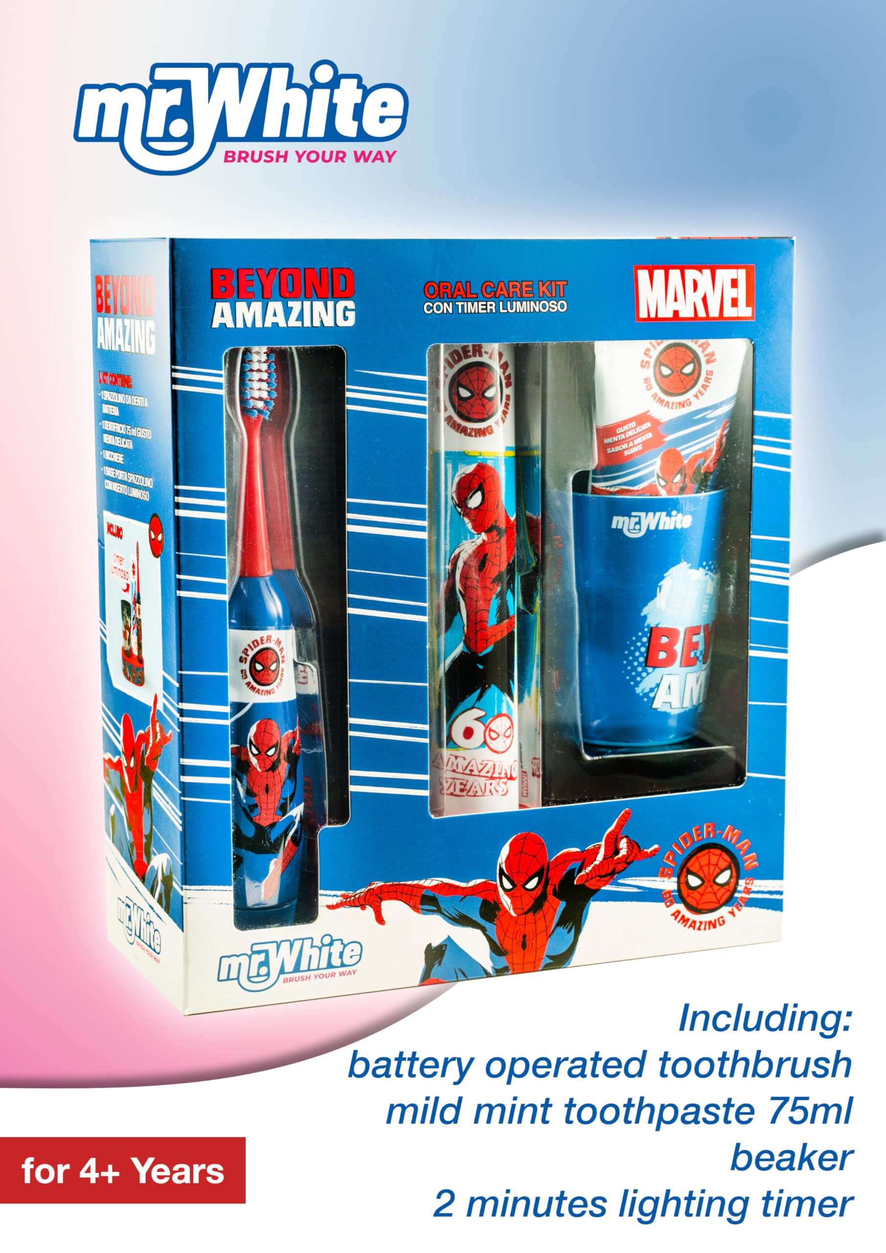 Mr.White - Confezione regalo con LED Marvel Spiderman per bambini, con dentifricio, spazzolino da denti alimentato a batteria, bicchiere e base con torre lampeggiante di 2 minuti