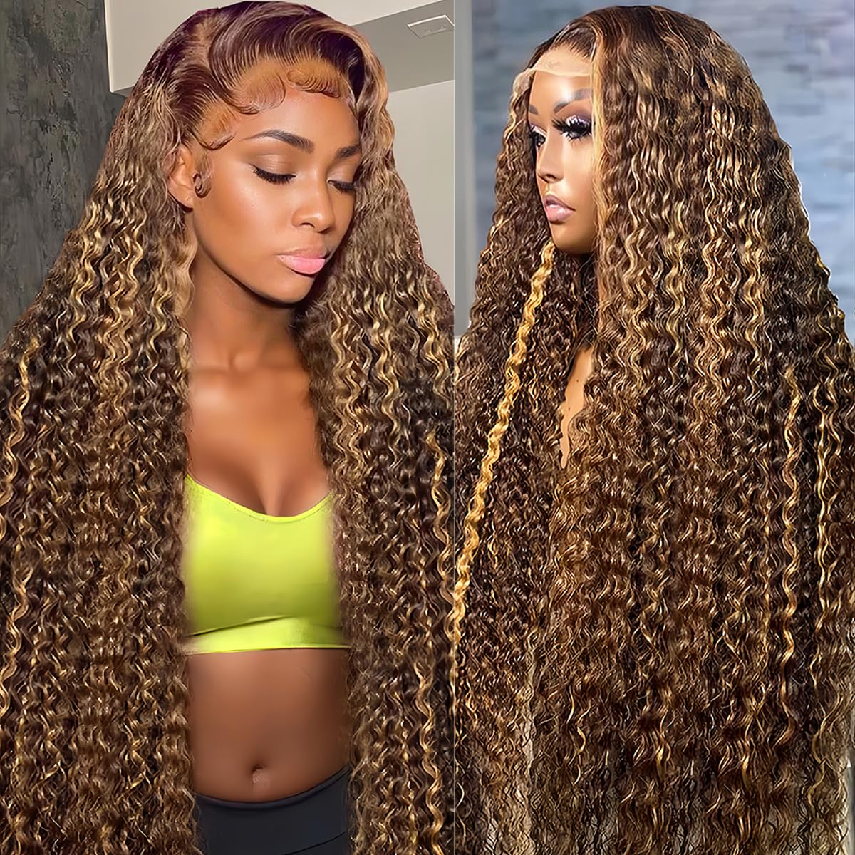 PXTPXT 30 Inch Honey Blonde Highlight Ombre Lace Front Wig Human Hair 200% Density 13x6 HD Lace Front Wigs Human Hair Deep Wave Curly Lace Frontal Wigs Pre Plucked with Baby Hair