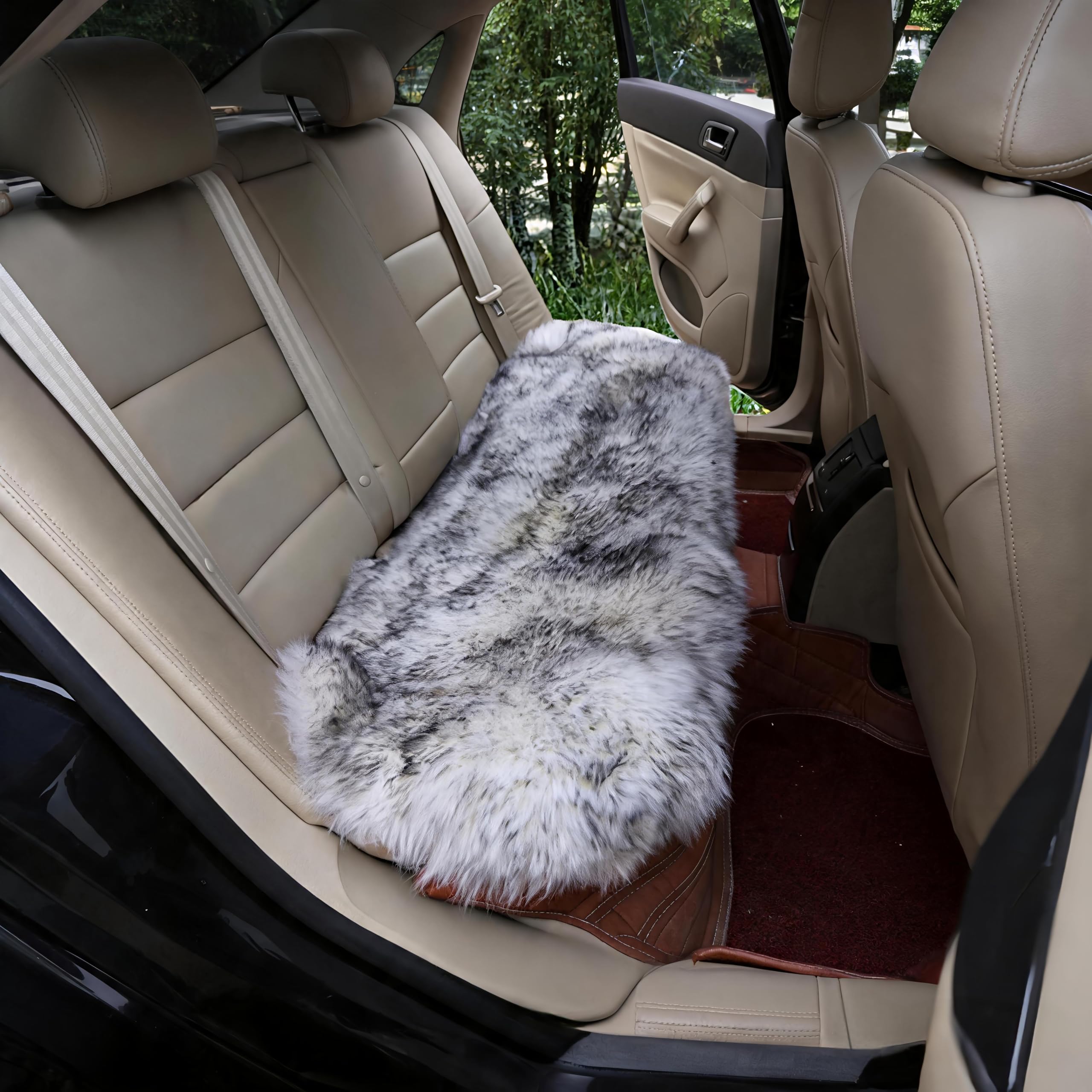 Universeller Schaffell-Autositzbezug 45cm×135cm - Natürliche Wolle Winterwärme für Autos, LKWs, SUVs, Transporter | Hochwertiger Gemütlicher Sitzschoner (Alle Fahrzeugtypen) Weiß mit Grau