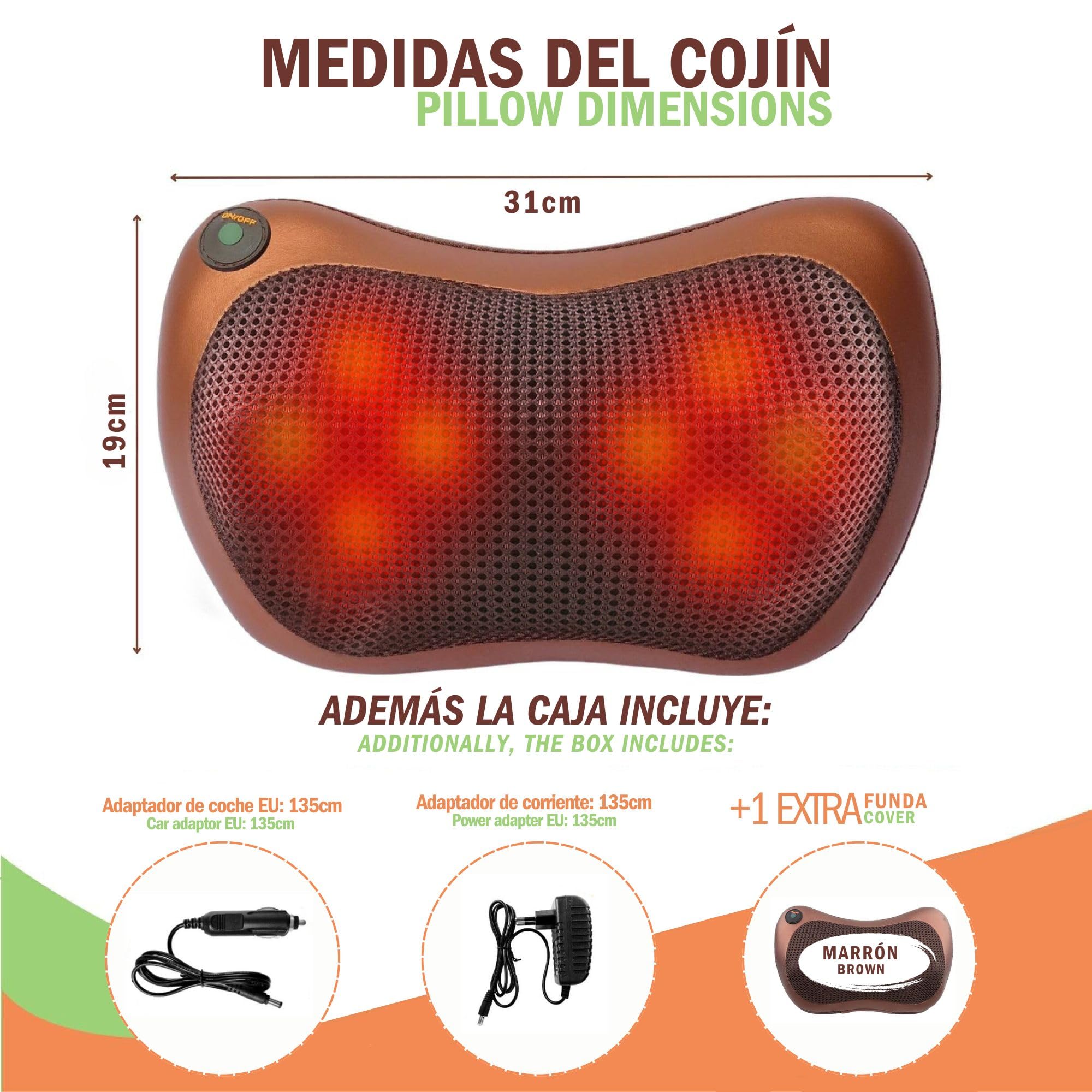 Masajeador Cervical y Espalda. Cojín Eléctrico con Calor y una Funda Extra (Marrón) - Almohada Cervicales y Cuello, Masaje Shiatsu Bidireccional con 8 Rodillos, Ideal para Casa, Oficina, Coche o Viaje