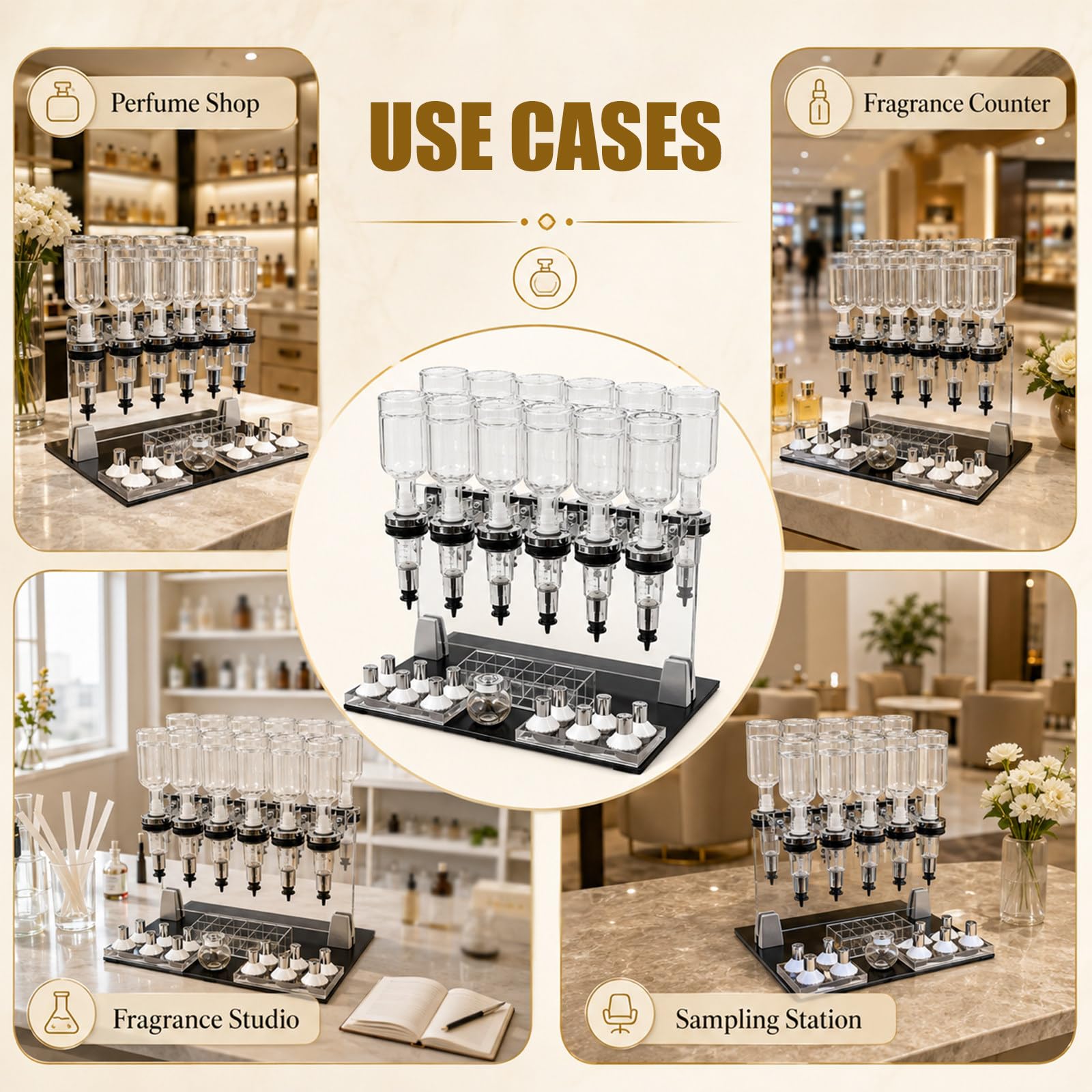 Ręczny Dozownik Perfum z 12 Butelkami 200 ml i Przezroczystym Organizerem | Szklane Butelki, Metalowe Wsporniki i Akrylowe Części Tworzą Uporządkowany Układ z Łatwym Dostępem do Zapachów
