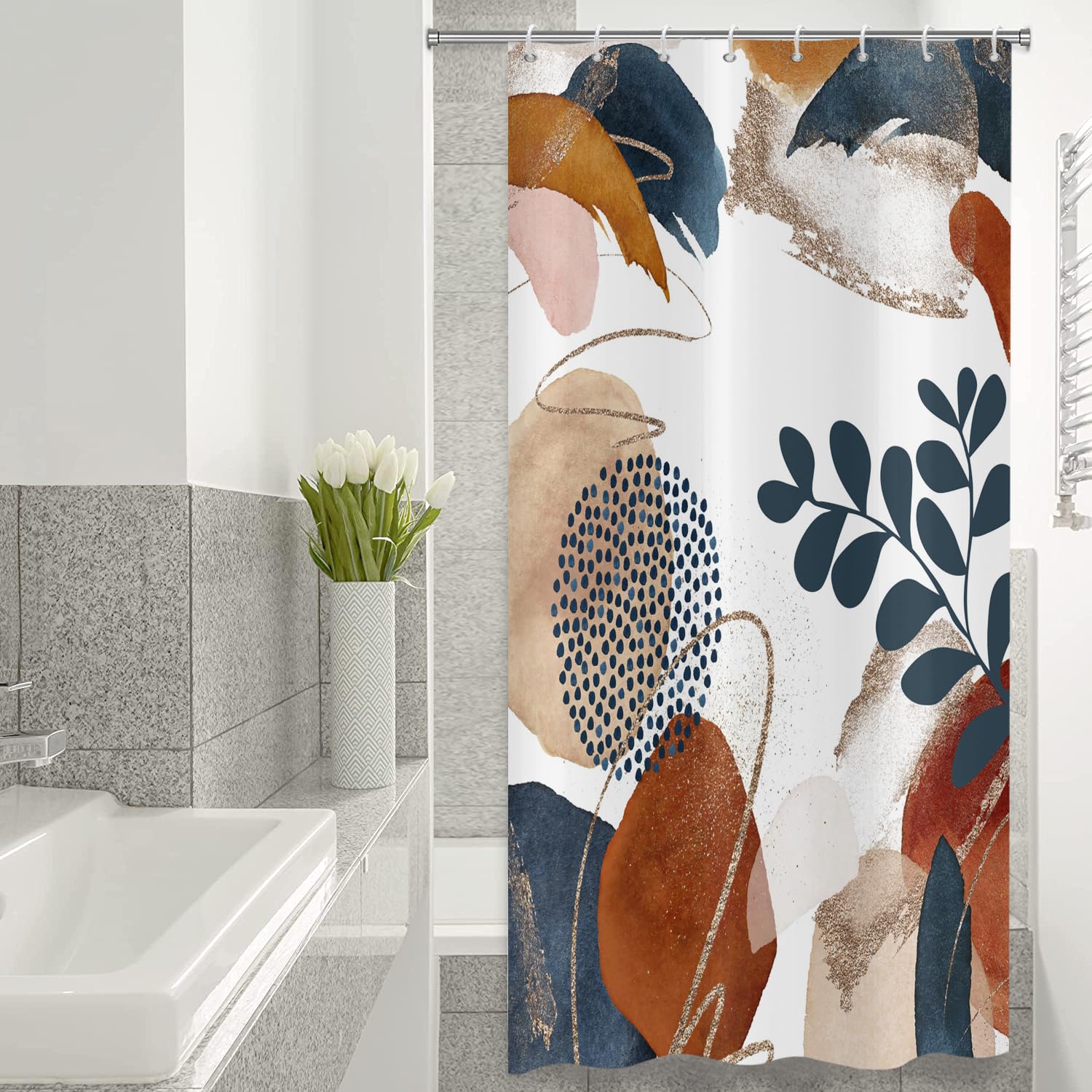 Boho Duschvorhang – Mid-century Design In Königsblau Mit Blättermuster