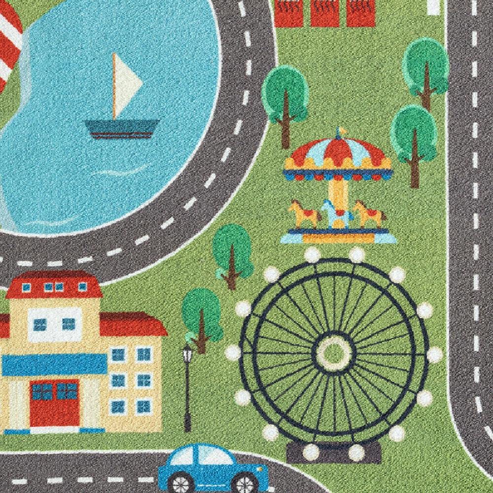 CARPETIA Kinderteppich Rund Stadtlandschaft Straßen Grün Ø 200 cm | Rutschfest, strapazierfähig, hautsympathisch und schadstofffrei, OEKO-TEX geprüft, für Fußbodenheizung & Kinderzimmer