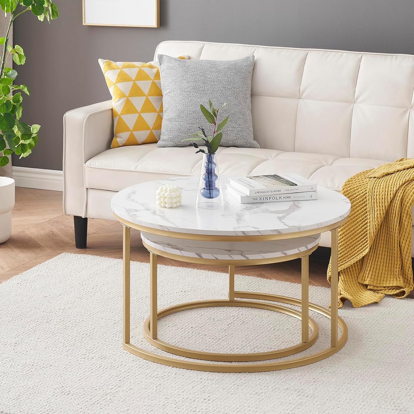 Tavolino rotondo effetto marmo, set da 2 tavolini da salotto e tavolino per soggiorno, Ø 80 x 45 H cm e Ø 60 x 35 H cm (bianco e oro)