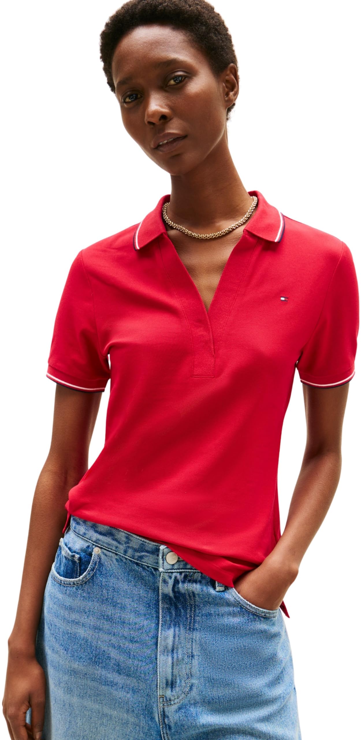 Tommy Hilfiger Damen Poloshirt Kurzarm Open Slim Fit, Mehrfarbig (Medium Red), XS