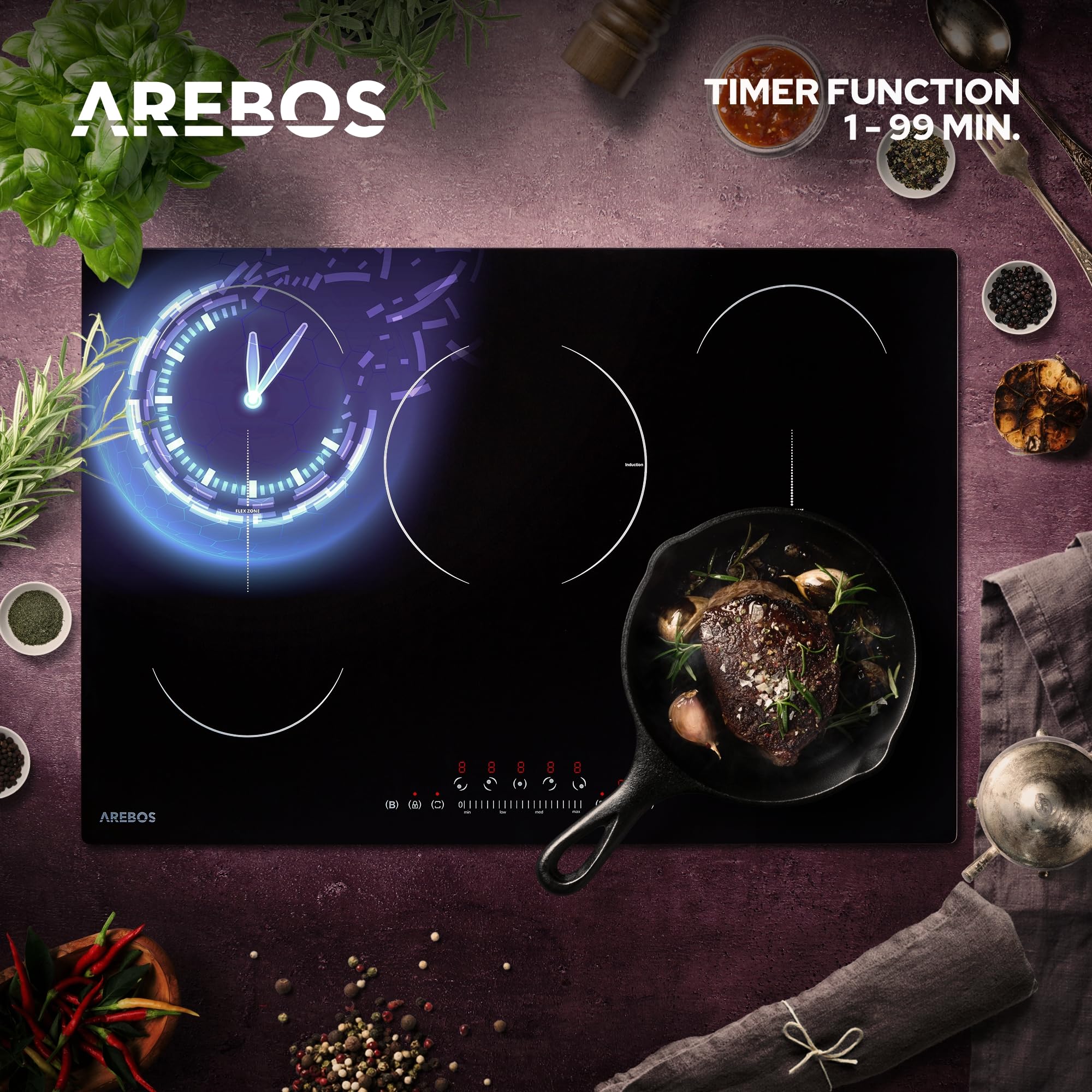 Arebos płyta indukcyjna | 9800 W | 5 palników z 2 strefami elastycznymi | 77 cm | autonomiczna | z czujnikiem dotykowym, timerem, blokadą dla dzieci, zabezpieczeniem przed przegrzaniem, automatycznym
