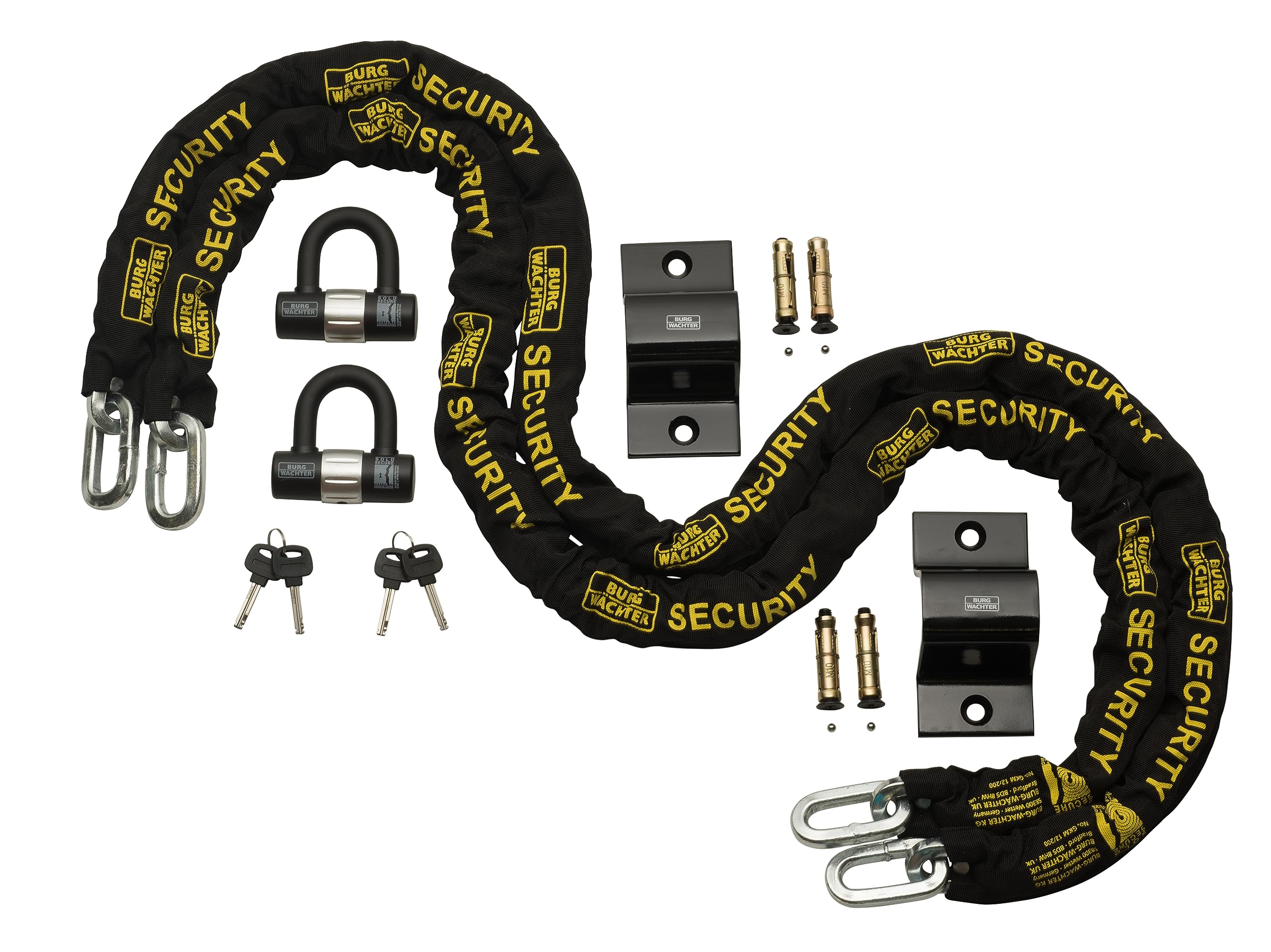 Burg-WächterSold Secure Diamond & Gold 12mm Keyed Alike Chain Lock & Ground Anchor Twin Pack, Black, 2M