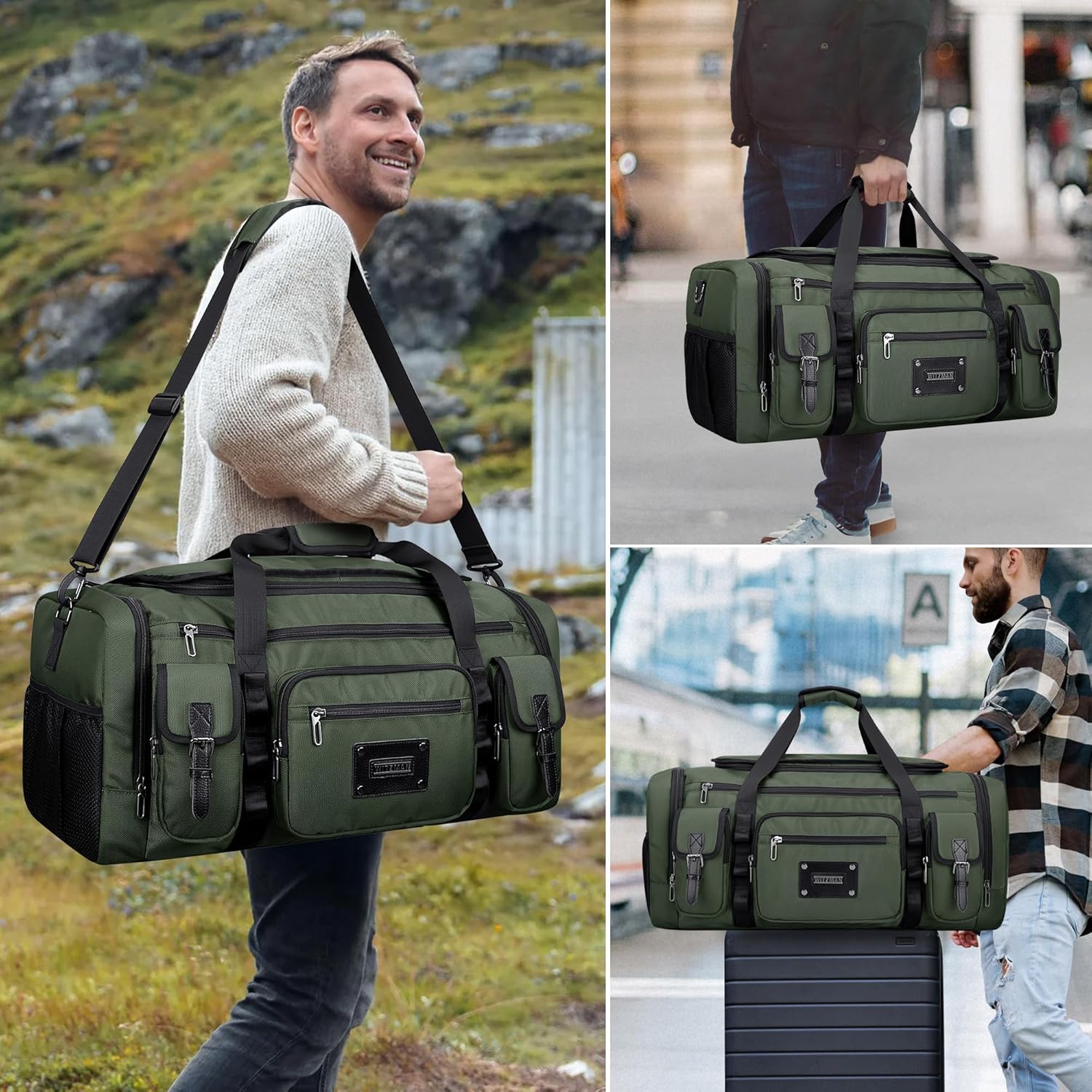 WITZMAN Duffle Bag for Men Large Carry On Weekender Bag 54L Nylon Duffle Gym Bags for Travel with Shoes Compartment(B717 Army Green) - Image 2