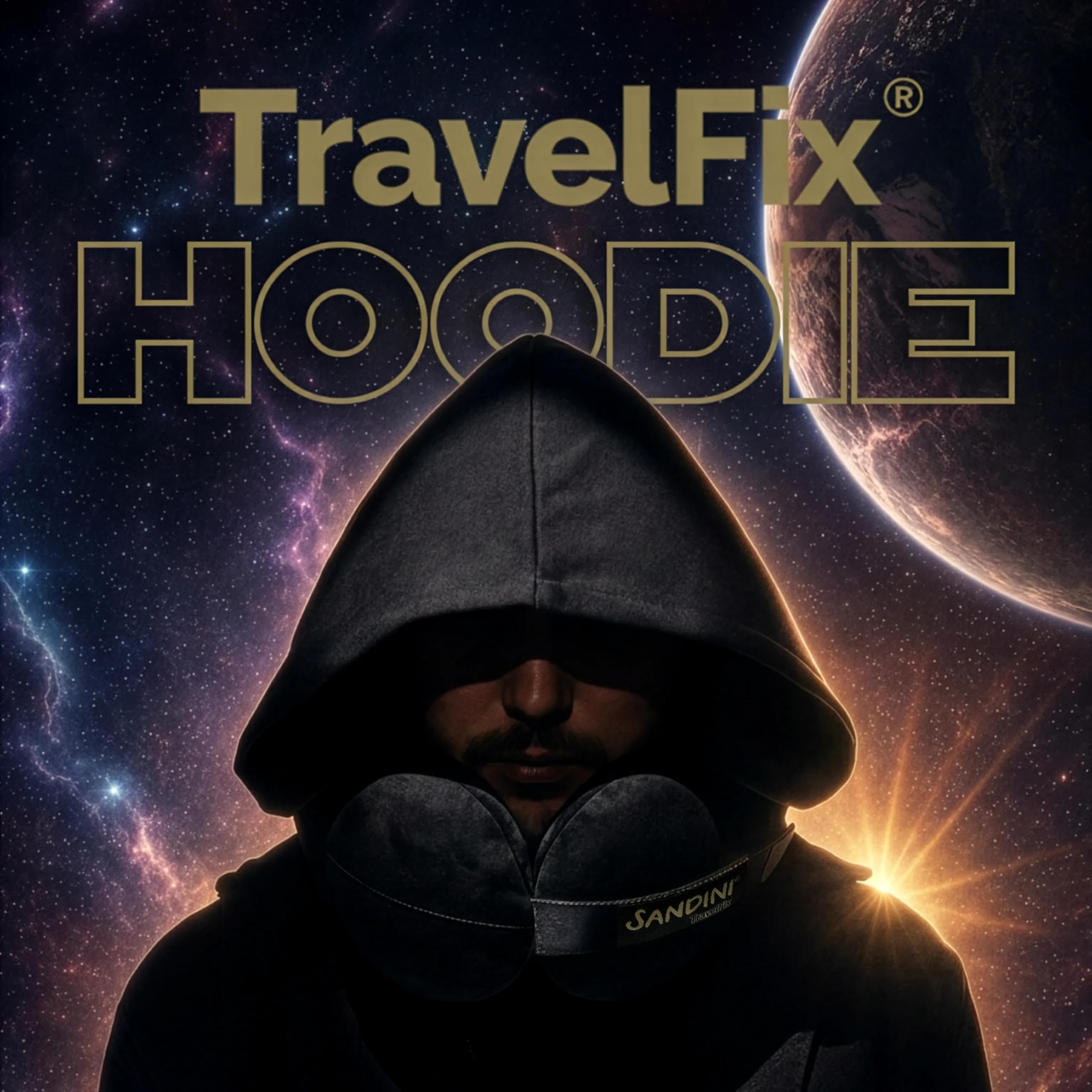 SANDINI TravelFix HOODIE Regular Size - Cuscino da viaggio premium con chiusura/cuscino per il collo con funzione di supporto ergonomico - Borsa da trasporto gratuita con clip di fissaggio
