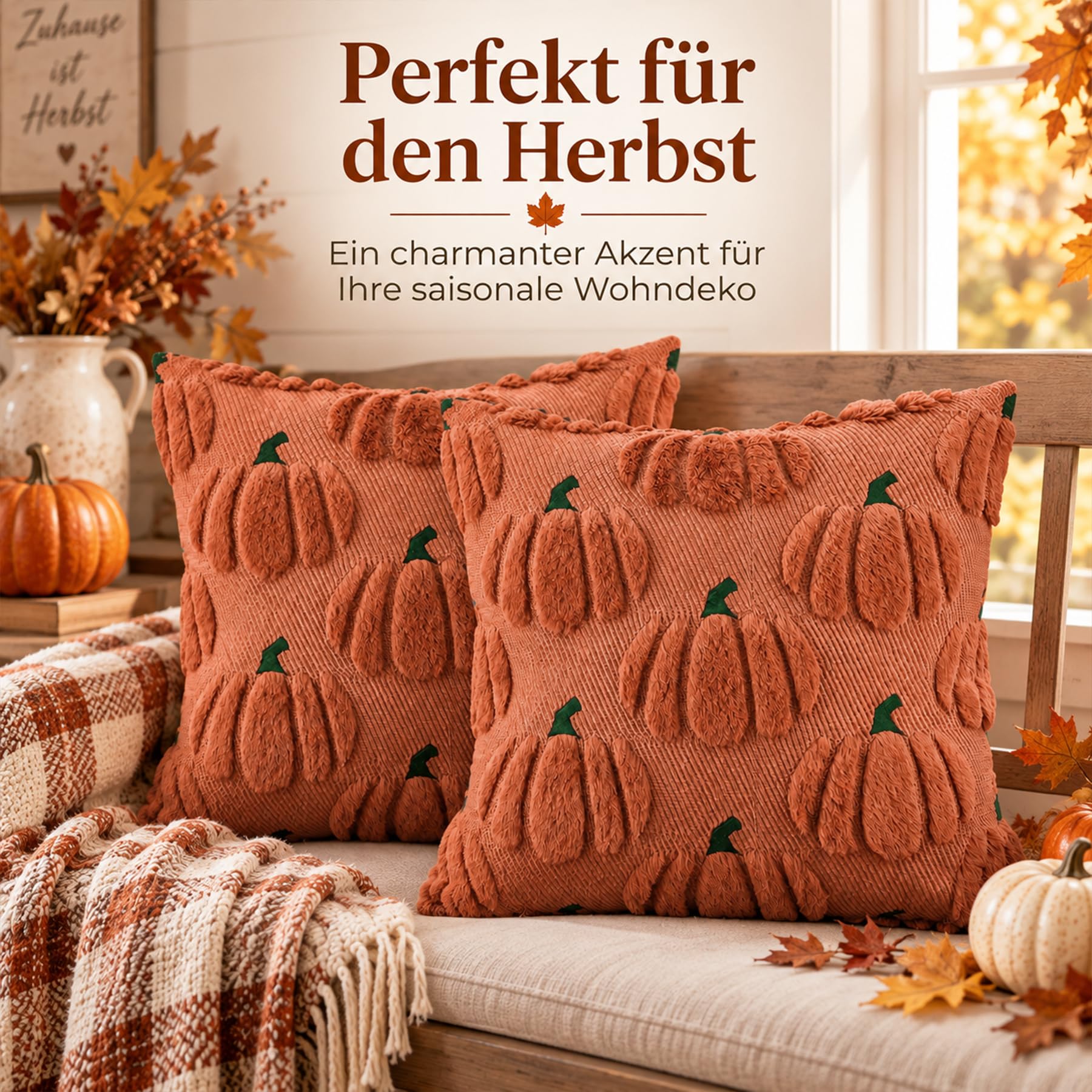2 Stück Herbstdeko Kissenbezug 40x40cm,Herbst Dekokissen Kissenhülle,Kürbis Kissenbezug,Pelz Caramel Kürbisse Herbst Kissenbezüge ,Sofakissen Herbstdeko für Innen Auto Sofa Schlafzimmer Wohnzimmer Küche, Haushalt & Wohnen