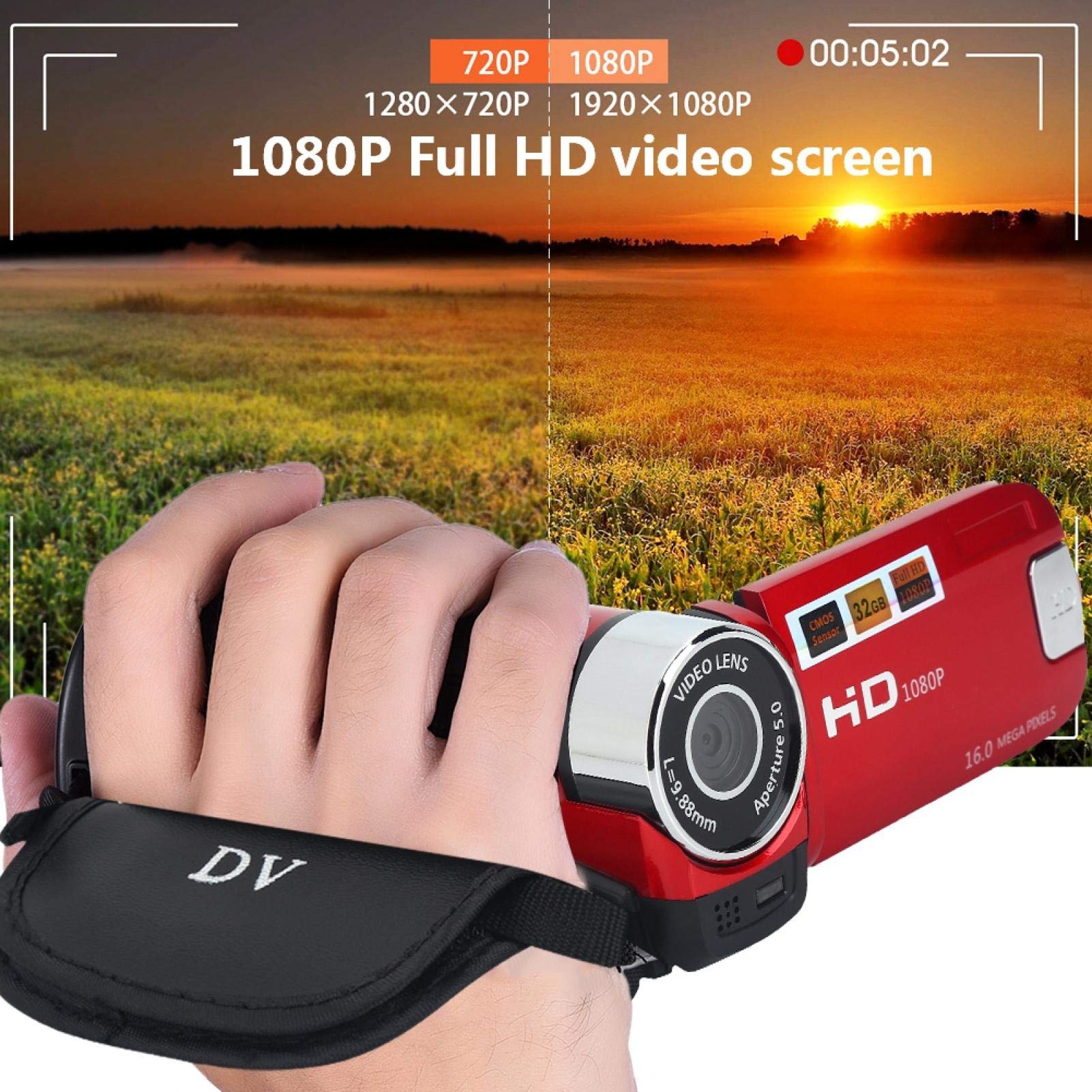 Handheld Video Camcorder 1080P FHD 16x Digitalzoom, Tragbar DV Digital Kamera mit COMS Sensor, Eingebautem Lautsprecher, 270° Drehbildschirm, Videokamera(Rot)