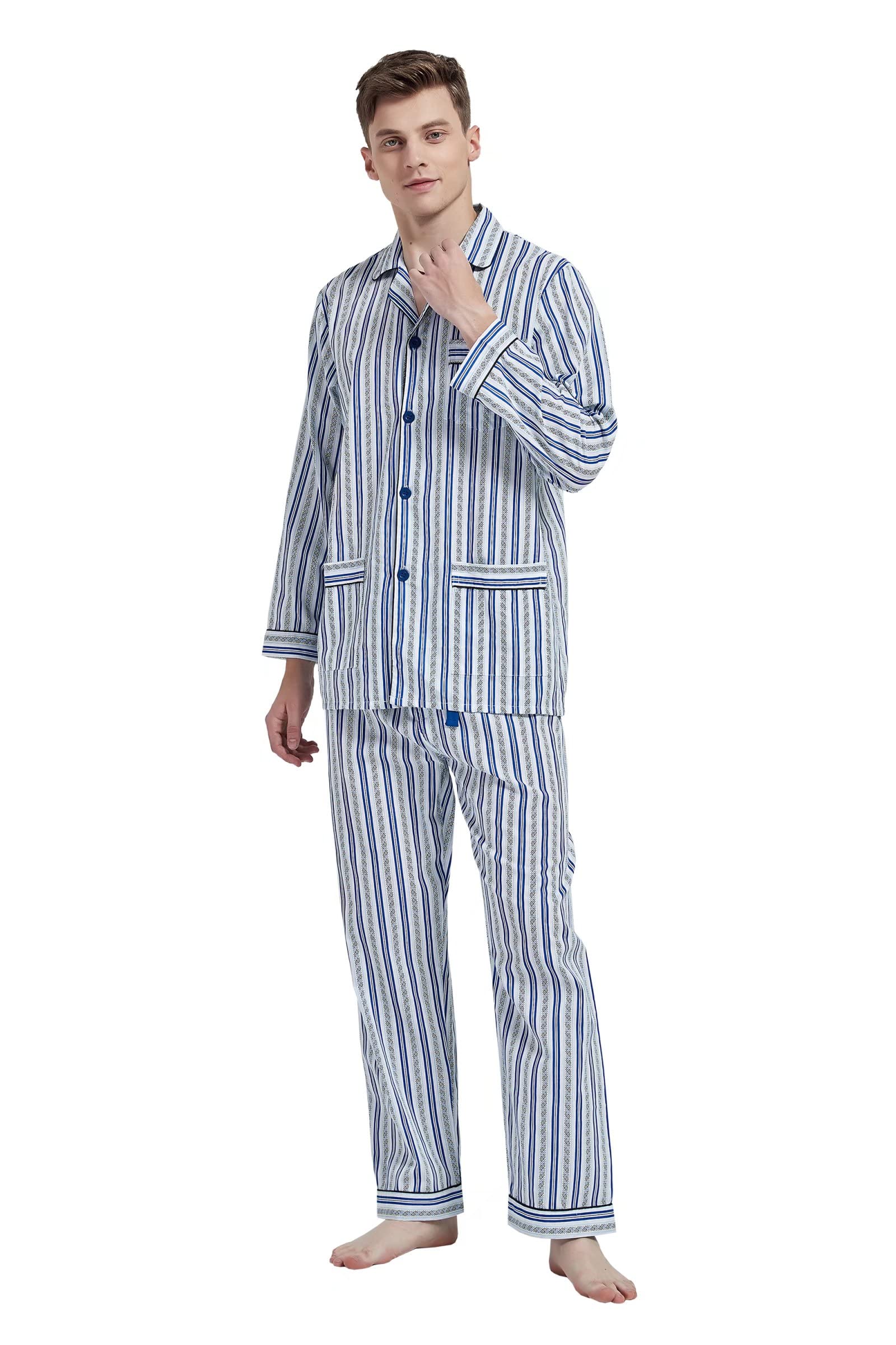 Photo 1 of amaxer Mens 100% Cotton Pajamas Set Long Sleeve Pjs Button Fly Pijama Pants Soft Elastic Drawstring Waistband Bottoms M