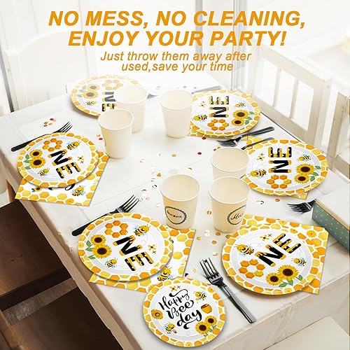 Miniatura 5 de 100 piezas de suministros de fiesta de primer cumpleaños de abeja, platos de papel y servilletas desechables para decoración de primer cumpleaños de
