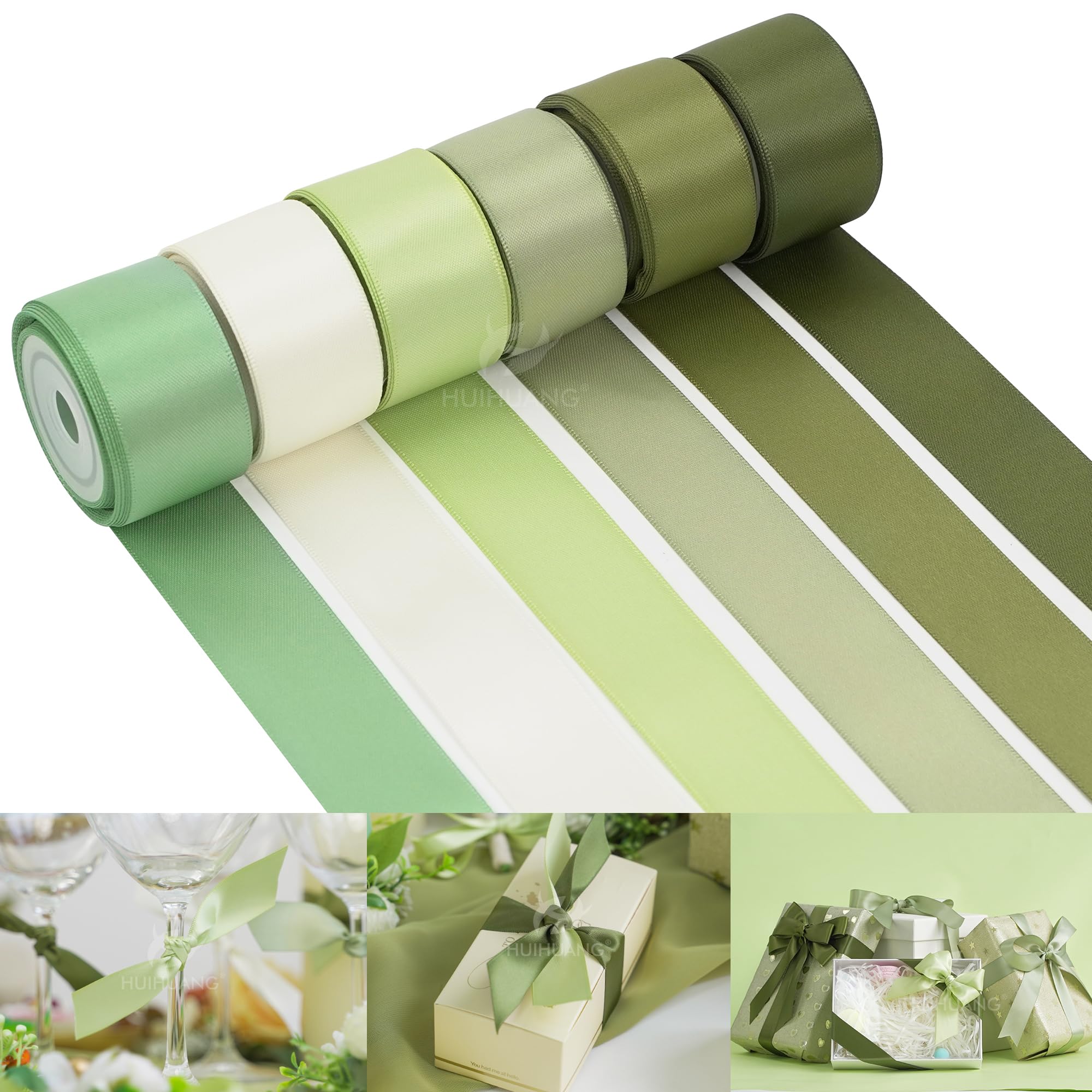 HUIHUANG Sage Green Satin Ribbon 1 inch Sage Double-Faced Silk Satin Ribbon for Gift Wrapping Flower Bouquet Wedding Baby Shower Decor Crafts- 6