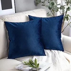 Phantoscope Pack of 2 Velvet Decorative Throw Decorative Pillow Cover Soft Solid Square Cushion Case for Couch Navy Blue 24 x 24 inches 60 x 60 cm