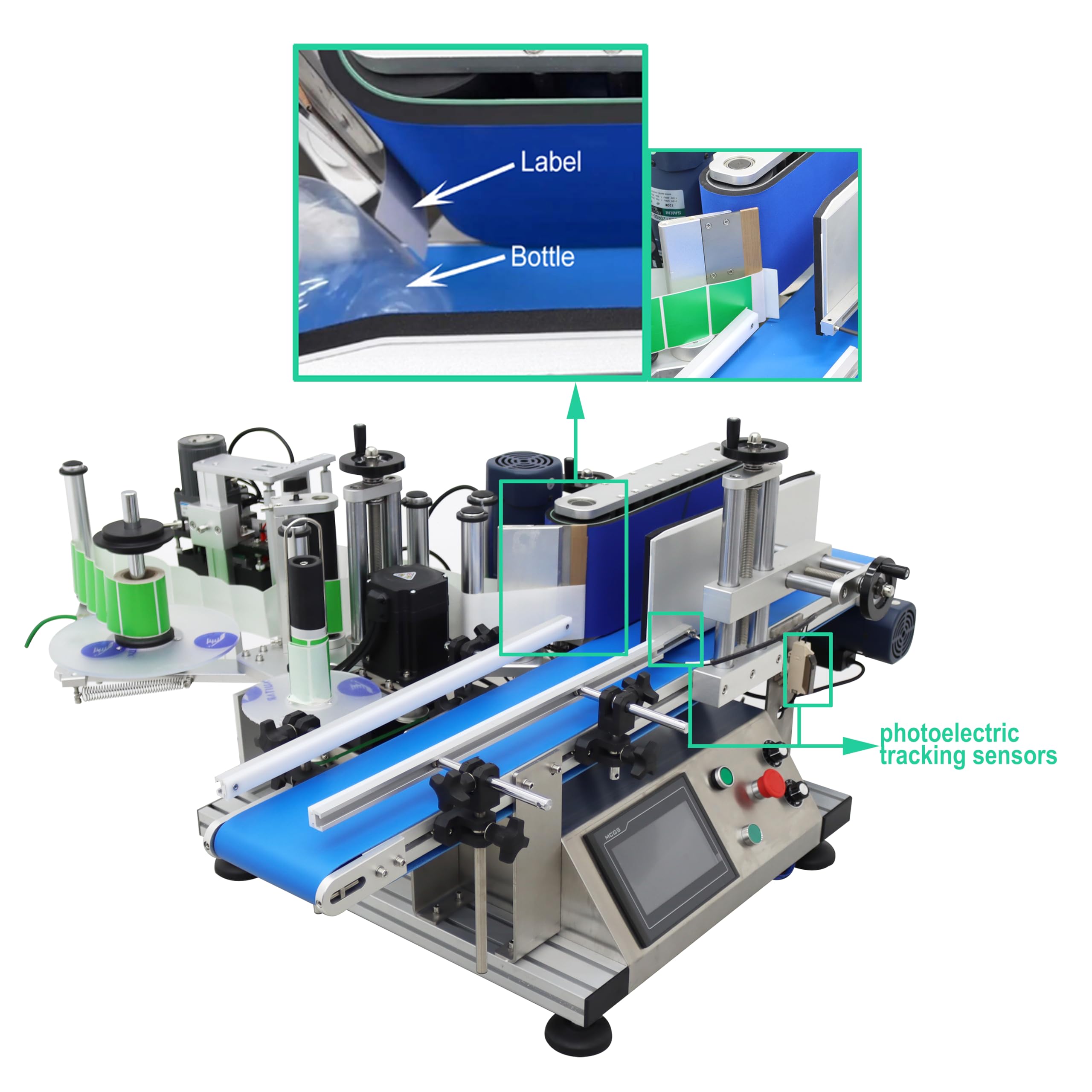 TECHTONGDA Automatic Round Bottle Labeling Machine Label Tape Label Dispenser for Paper Label Gold Label Silver Label Transparent Label with Printer with Conveyor Bottle Diameter 1.5-3.9inch