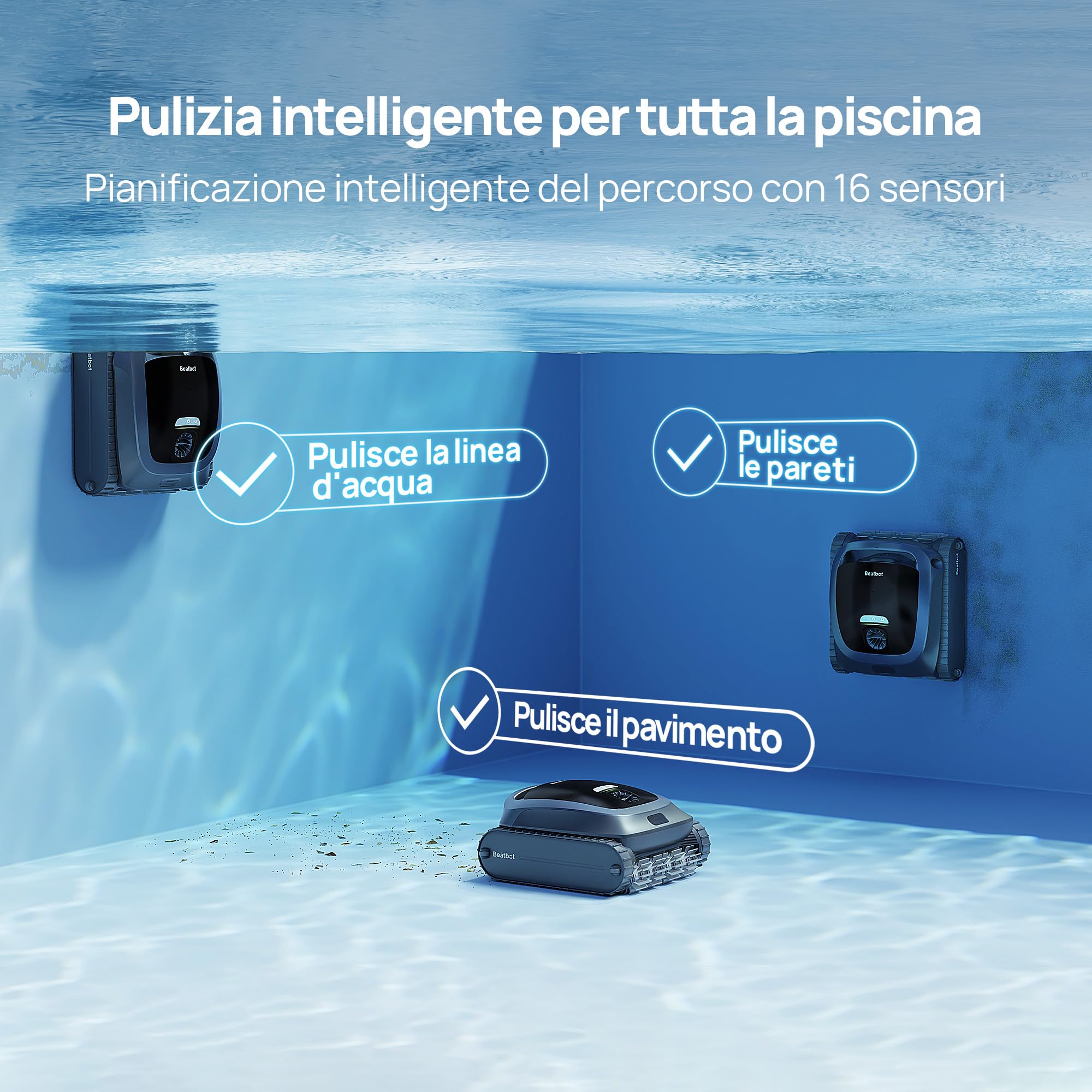 Beatbot AquaSense 2 robot piscina pareti e fondo,Linea d'acqua,Senza Fili | Parcheggio intelligente. Pulisce pavimento, pareti e linea d'acqua con doppio passaggio, Per piscine fuori terra e interrate