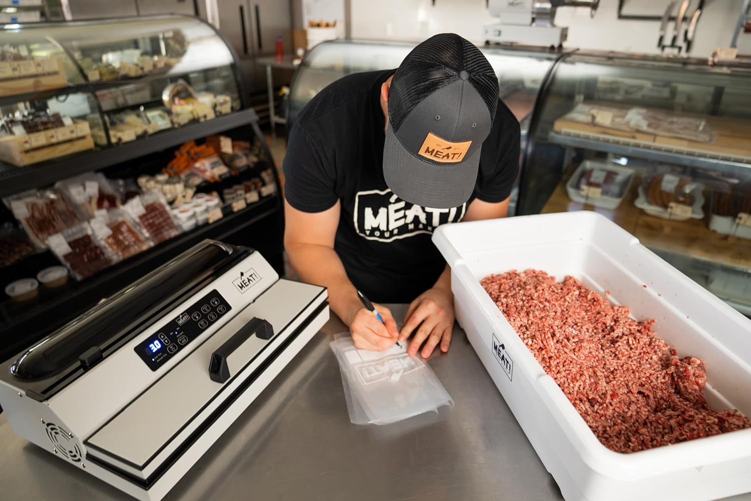 MEAT! 16 Inch External Vacuum Sealer with a 16 Inch Sealing Strip, Bag Roll Storage, Bag Cutter, and LCD Display for Preserving Meat and Vegetables