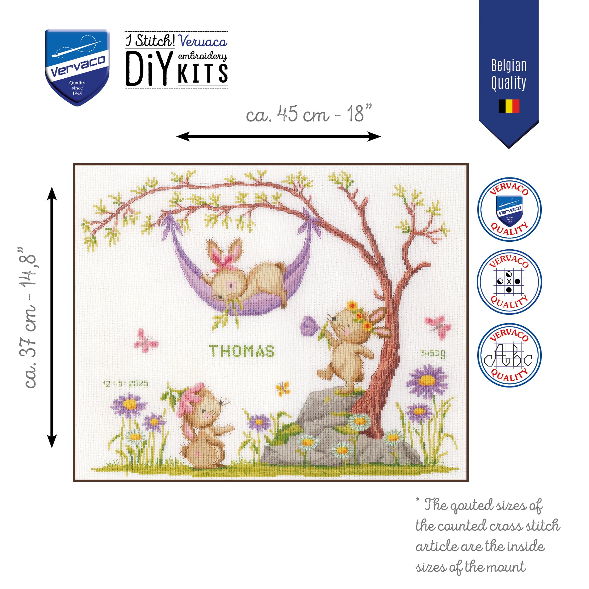 VERVACO Haft Krzyżykowy Liczony Zestaw Metryczka dla Dziecka KRÓLIKI W OGRODZIE Pamiątka Narodzin Zrób to Sam Zestaw Kreatywny dla Dorosłych 45 x 37 cm Dekoracje Ścienne Pokój Dziecka Cross Stitch