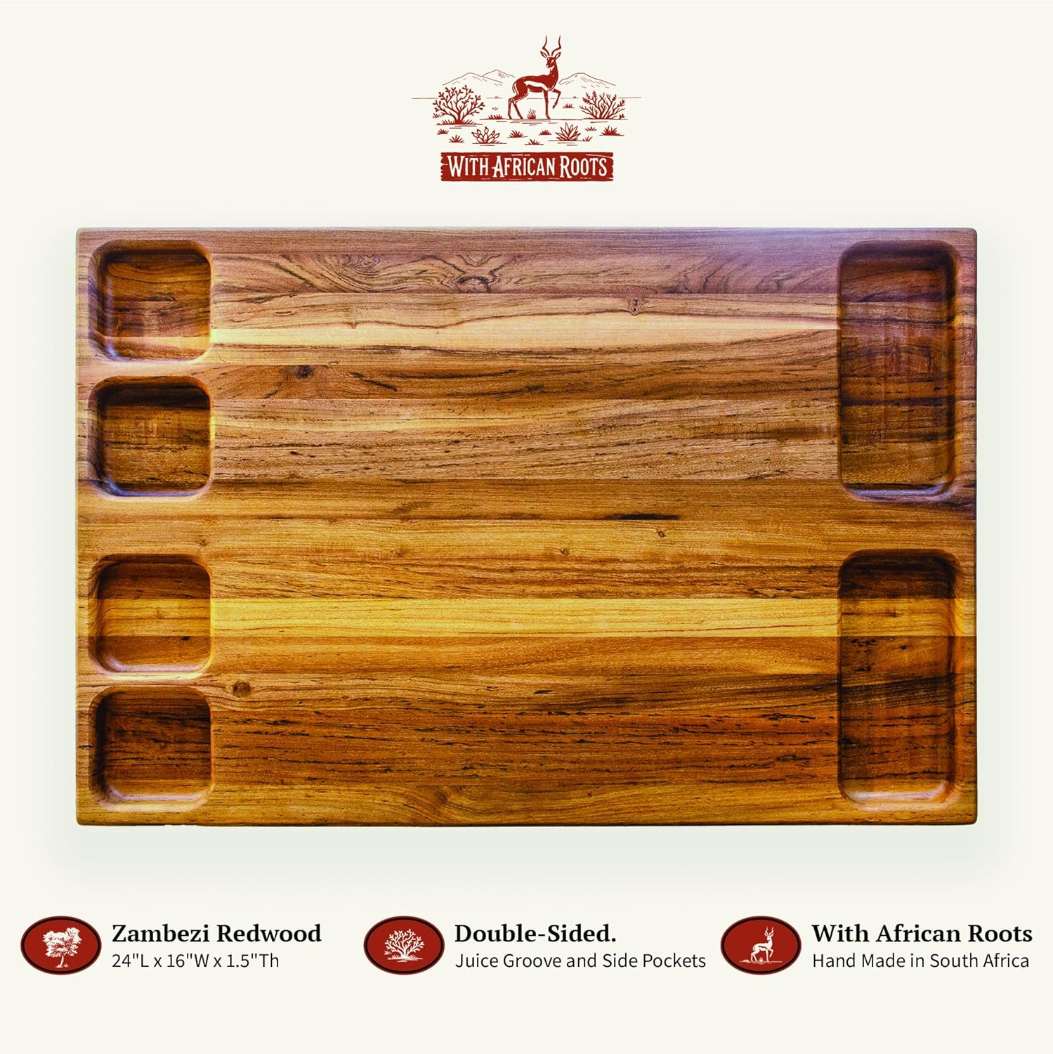 – Zambezi Redwood Cutting Board, Handcrafted, Double-Sided with Juice Groove & Side Pockets, Extra Large (24 x 16 x 1.5 in), Made in South Africa